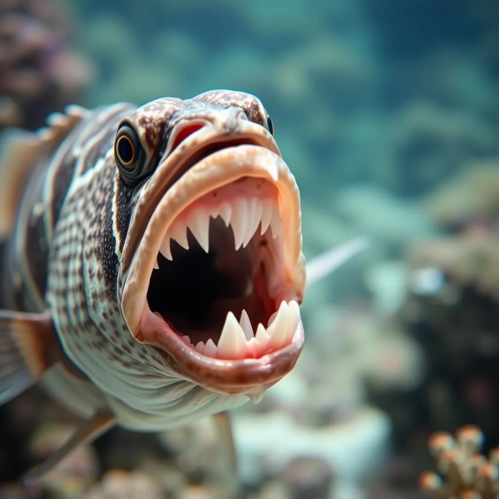 A close-up view of a sheepshead fish, its large mouth agape, revealing its distinctive human-like teeth. The fish is situated against a blurred, underwater seascape, with coral and other marine vegetation in the background. The lighting is soft and diffused, creating a serene, natural atmosphere. The image is captured at a slight angle, highlighting the unique features of the sheepshead and emphasizing its role as an omnivorous forager, feeding on a variety of aquatic organisms.