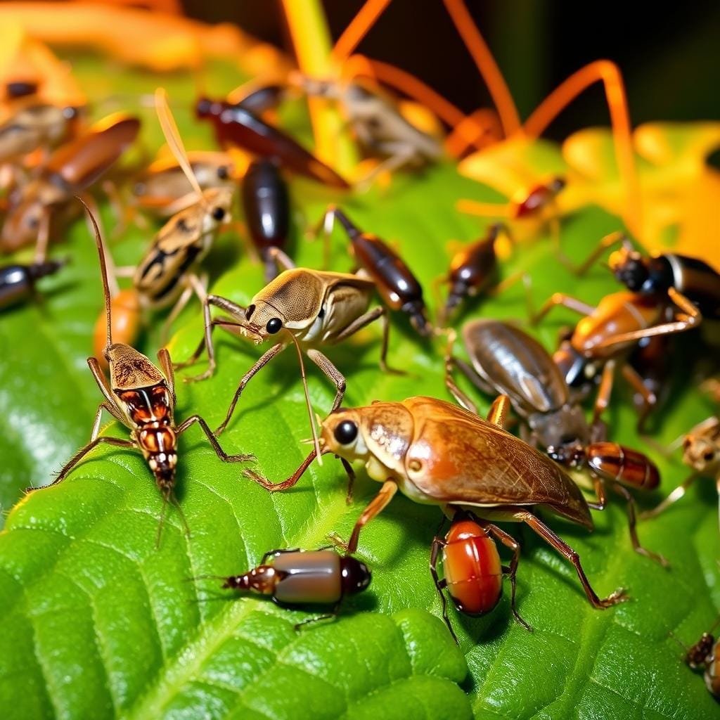 A close-up view of various terrestrial insects, including crickets, grasshoppers, and beetles, perched on lush green foliage, illuminated by warm, natural lighting. The insects are captured in a dynamic, lifelike manner, their intricate details and textures clearly visible. The composition emphasizes the insects' role as part of the bluegill's diverse diet, creating a visually engaging and informative illustration for the article. A close-up view of various terrestrial insects, including crickets, grasshoppers, and beetles, perched on lush green foliage, illuminated by warm, natural lighting. The insects are captured in a dynamic, lifelike manner, their intricate details and textures clearly visible. The composition emphasizes the insects' role as part of the bluegill's diverse diet, creating a visually engaging and informative illustration for the article.