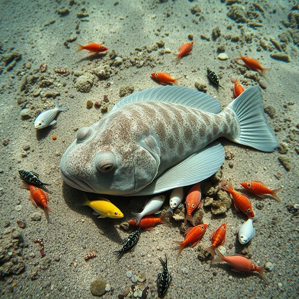 A closeup shot of a flounder swimming amidst a vibrant underwater seascape. The flounder's camouflaged body lies flat on the seafloor, blending seamlessly with the sandy substrate. Surrounding the flounder are various small fish, crustaceans, and mollusks that serve as its primary food sources. The water is crystal clear, allowing the viewer to observe the flounder's predatory behavior as it ambushes its prey. Soft, diffused lighting illuminates the scene, creating a serene and naturalistic atmosphere. The composition emphasizes the flounder's unique anatomy and hunting strategy, providing a detailed visual representation of what a flounder eats in its natural habitat. A closeup shot of a flounder swimming amidst a vibrant underwater seascape. The flounder's camouflaged body lies flat on the seafloor, blending seamlessly with the sandy substrate. Surrounding the flounder are various small fish, crustaceans, and mollusks that serve as its primary food sources. The water is crystal clear, allowing the viewer to observe the flounder's predatory behavior as it ambushes its prey. Soft, diffused lighting illuminates the scene, creating a serene and naturalistic atmosphere. The composition emphasizes the flounder's unique anatomy and hunting strategy, providing a detailed visual representation of what a flounder eats in its natural habitat.