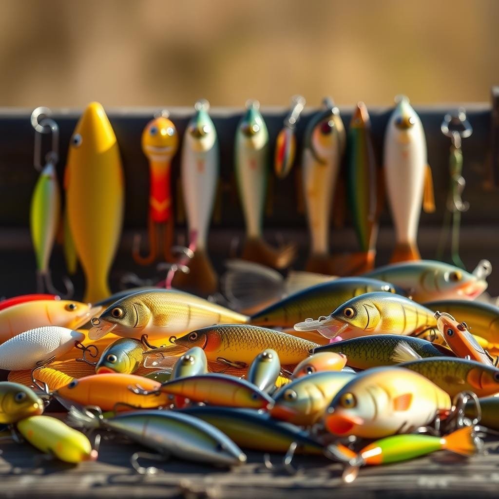 A collection of high-quality artificial lures meticulously designed for yellow perch fishing. In the foreground, a variety of soft plastic baits, hard-bodied crankbaits, and metal spoons in natural shades of yellow, gold, and olive, reflecting the color palette of the target species. The middle ground showcases lifelike jigs, swimbaits, and minnow-imitating lures, each with intricate detailing and realistic movement. The background is blurred, emphasizing the lures as the focal point, illuminated by warm, natural lighting that casts subtle shadows, giving the scene a sense of depth and dimension. The overall composition conveys the expertise and precision required to select the optimal artificial baits for successfully catching yellow perch.