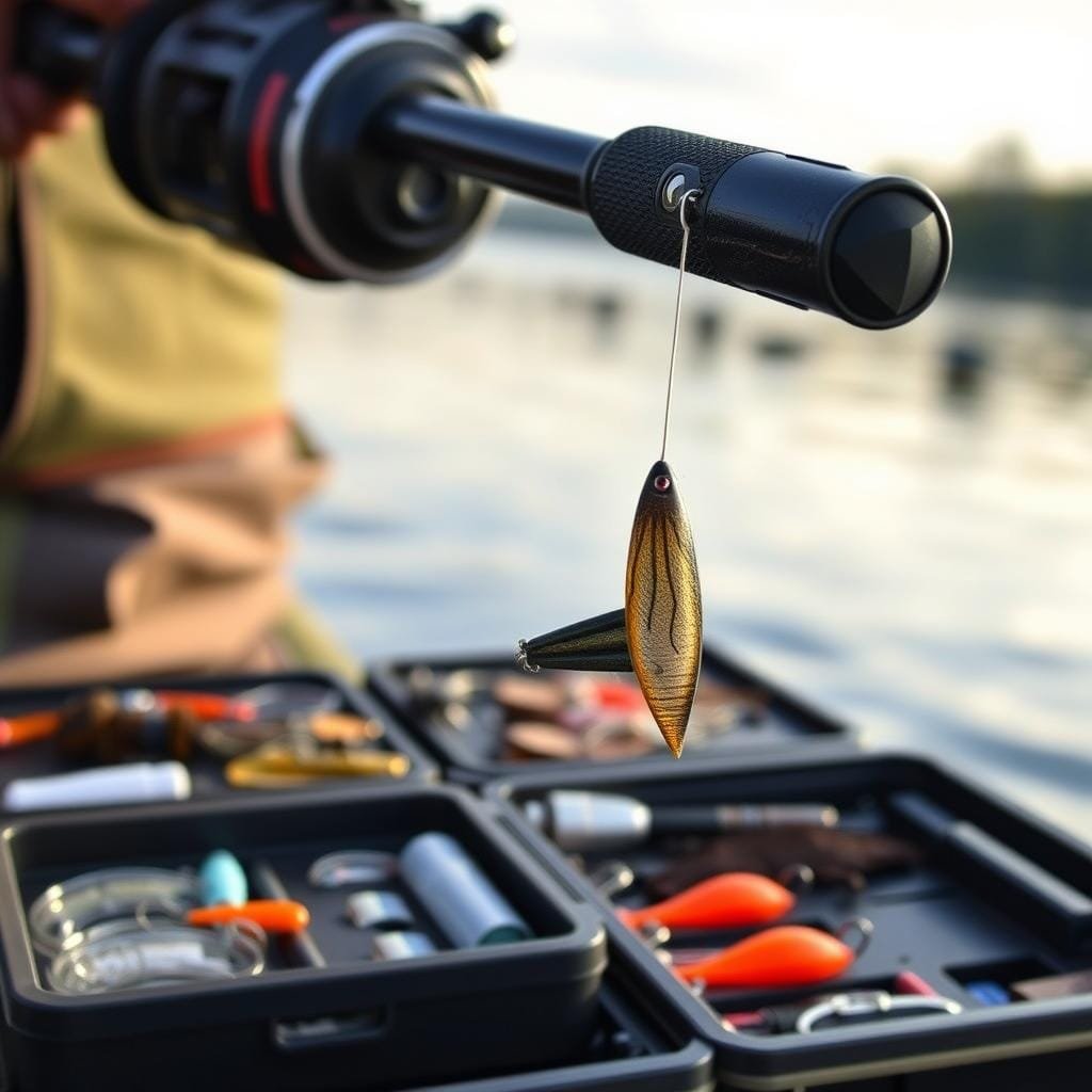 A crisp, clear image of a jigging setup optimized for sauger fishing. In the foreground, a fishing rod and reel with a specialized jig lure, its intricate details and textures captured in high fidelity. The middle ground showcases a tackle box with an assortment of jigs, hooks, and other essential gear, artfully arranged. In the background, a serene lakeside scene with a gently rippling surface, hinting at the ideal sauger habitat. The lighting is natural and diffused, creating a calm, contemplative atmosphere that evokes the tranquility of a successful sauger fishing expedition. The overall composition is visually balanced and draws the viewer's attention to the key elements of an effective jigging setup for this elusive species.