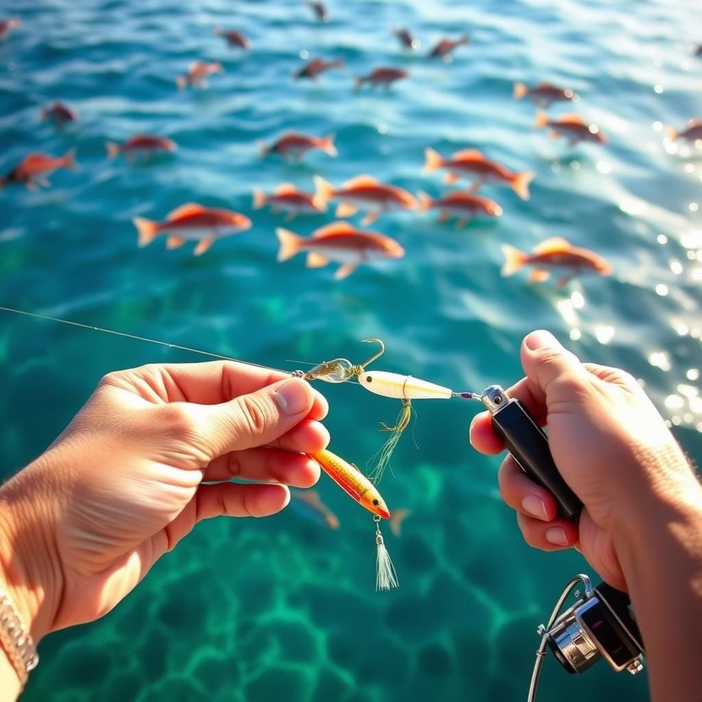 A crystal-clear coastal seascape, with schools of vibrant red snappers swimming gracefully in the shimmering blue waters. In the foreground, an angler's hand expertly ties a meticulously crafted fishing rig, each element carefully selected to mimic the natural feeding behaviors of the snappers. The rig features a lifelike lure, strategically positioned hooks, and a weighted leader that sinks the bait to the precise depth where the snappers typically forage. Soft, diffused sunlight filters through the water, casting a warm, golden glow over the scene. The overall atmosphere conveys a sense of precision, focus, and a deep understanding of the snappers' feeding ecology.