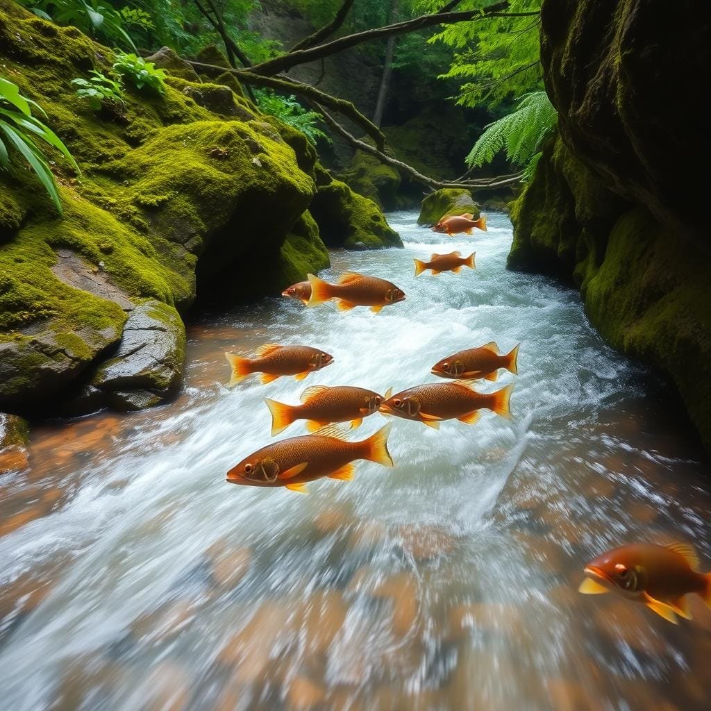A crystal-clear stream flows through a rocky, moss-covered landscape, surrounded by lush, verdant vegetation. In the foreground, a school of vibrant rock bass navigate the shallow, swiftly moving waters, their sleek bodies darting between the crevices and overhanging plants. Soft, diffused natural light filters through the canopy above, casting a warm, ambient glow on the scene. The overall atmosphere is one of tranquility and abundance, reflecting the diverse habitats and food sources that shape the diet of these adaptive freshwater predators.