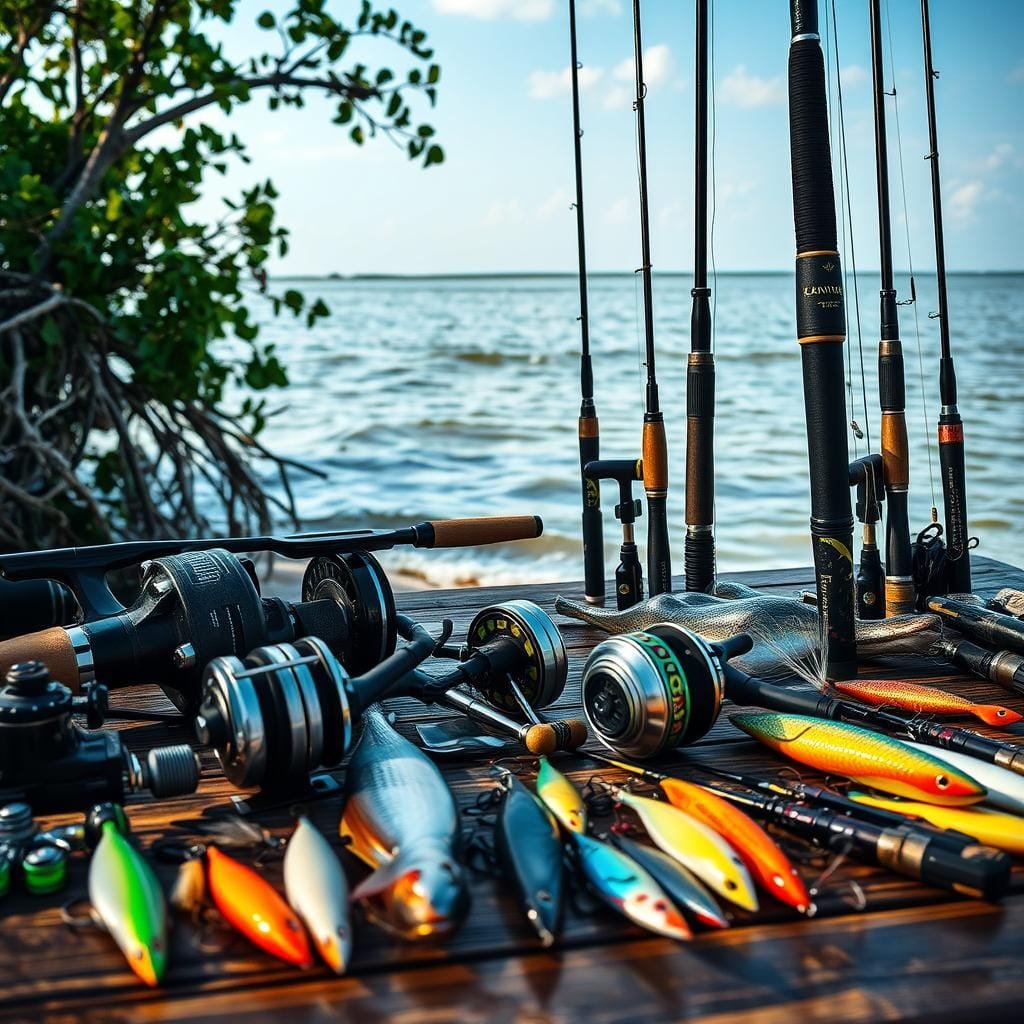 A detailed close-up view of an array of pro-approved fishing tackle setups for catching snook, or "linesiders". In the foreground, various rods, reels, lures, and terminal tackle are meticulously arranged on a wooden surface, highlighting their quality, craftsmanship, and suitability for targeting this prized gamefish. The middle ground features a tranquil coastal scene with mangroves and gently lapping waves, setting the stage for the productive angling depicted. The lighting is soft and natural, emphasizing the rich, saturated colors of the fishing gear. The overall mood is one of expertise, preparedness, and the promise of a successful day on the water pursuing these challenging sportfish. A detailed close-up view of an array of pro-approved fishing tackle setups for catching snook, or "linesiders". In the foreground, various rods, reels, lures, and terminal tackle are meticulously arranged on a wooden surface, highlighting their quality, craftsmanship, and suitability for targeting this prized gamefish. The middle ground features a tranquil coastal scene with mangroves and gently lapping waves, setting the stage for the productive angling depicted. The lighting is soft and natural, emphasizing the rich, saturated colors of the fishing gear. The overall mood is one of expertise, preparedness, and the promise of a successful day on the water pursuing these challenging sportfish.