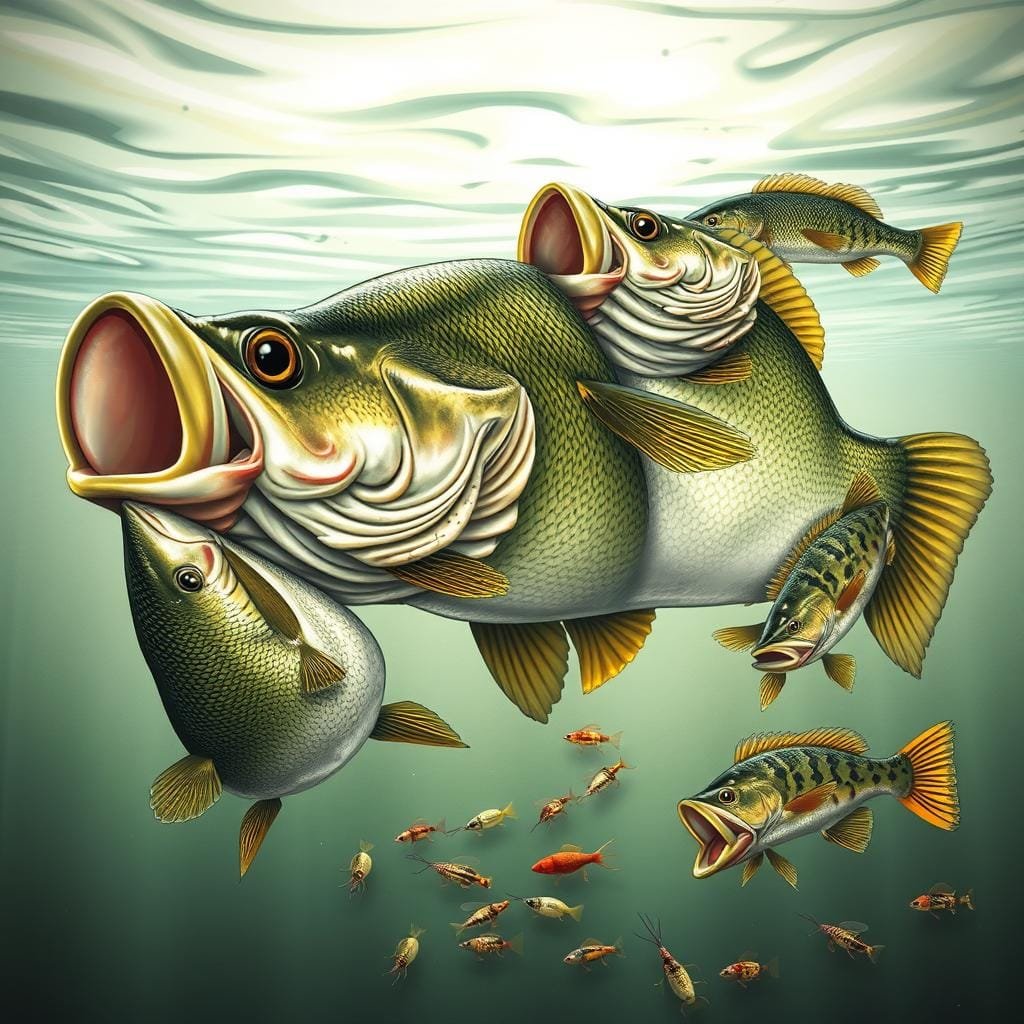 A detailed illustration of a largemouth bass' seasonal diet across different size classes. In the foreground, a large adult bass swallows a smaller bass, showcasing its predatory nature. In the middle ground, a medium-sized bass hunts a school of baitfish. In the background, a juvenile bass nibbles on aquatic insects and crustaceans. The scene is illuminated by soft, natural lighting, captured with a wide-angle lens to provide a comprehensive view. The overall mood is one of scientific observation, highlighting the intricate feeding behaviors of this iconic freshwater gamefish.