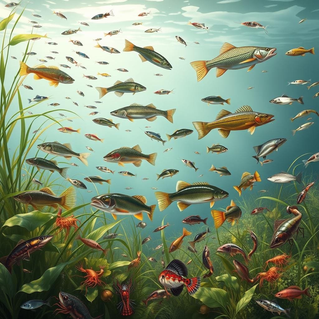 A detailed illustration of various forage species found in American waters, including schools of small fish like minnows, shiners, and dace swimming through a lush underwater environment. In the foreground, a close-up view of different aquatic plants, algae, and invertebrates like crayfish and freshwater shrimp, all rendered in vivid, photorealistic detail. The middle ground features a diverse array of mid-sized forage fish such as perch, crappie, and sunfish, captured in natural poses and behaviors. The background showcases a sense of depth, with the water column fading into a hazy, atmospheric blue. Lighting is natural and diffused, creating a calm, immersive scene that captures the rich diversity of aquatic life that serves as sustenance for predators like the lake trout. A detailed illustration of various forage species found in American waters, including schools of small fish like minnows, shiners, and dace swimming through a lush underwater environment. In the foreground, a close-up view of different aquatic plants, algae, and invertebrates like crayfish and freshwater shrimp, all rendered in vivid, photorealistic detail. The middle ground features a diverse array of mid-sized forage fish such as perch, crappie, and sunfish, captured in natural poses and behaviors. The background showcases a sense of depth, with the water column fading into a hazy, atmospheric blue. Lighting is natural and diffused, creating a calm, immersive scene that captures the rich diversity of aquatic life that serves as sustenance for predators like the lake trout.