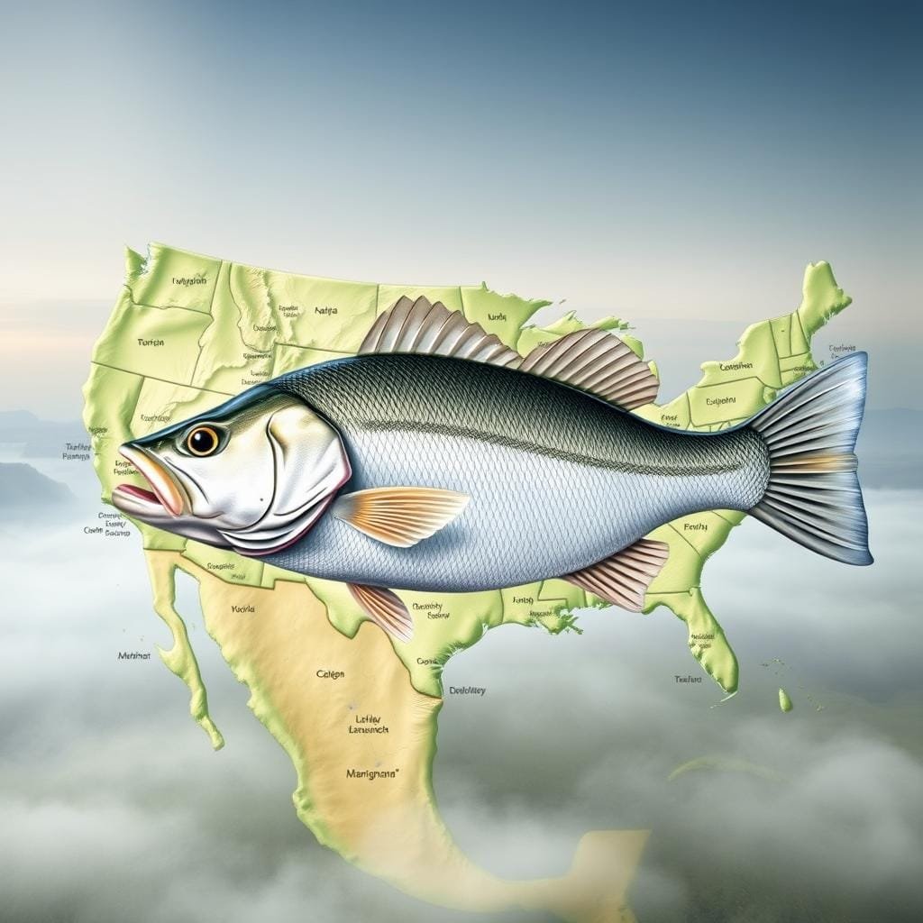 A detailed map of the United States, with a focus on the natural habitats and distribution of the white bass fish. The foreground depicts a realistic illustration of a white bass, showcasing its distinctive features such as its silvery-white coloration, slender body, and distinctive horizontal stripes. The middle ground presents a topographical map of the United States, with different shades of green and blue representing the various waterways, lakes, and rivers where white bass are known to thrive. The background features a soft, atmospheric landscape with subtle lighting, creating a sense of depth and scale. The overall composition conveys the wide-ranging presence of white bass across the country, providing a visually informative reference for the article's section on their habitat and distribution. A detailed map of the United States, with a focus on the natural habitats and distribution of the white bass fish. The foreground depicts a realistic illustration of a white bass, showcasing its distinctive features such as its silvery-white coloration, slender body, and distinctive horizontal stripes. The middle ground presents a topographical map of the United States, with different shades of green and blue representing the various waterways, lakes, and rivers where white bass are known to thrive. The background features a soft, atmospheric landscape with subtle lighting, creating a sense of depth and scale. The overall composition conveys the wide-ranging presence of white bass across the country, providing a visually informative reference for the article's section on their habitat and distribution.