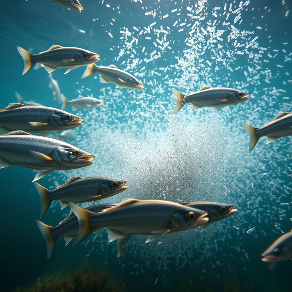 A detailed underwater scene depicting a school of kokanee salmon feeding on a dense cloud of zooplankton. The kokanee are shown in the foreground, their silver bodies gently swaying as they open their mouths to consume the tiny crustaceans drifting all around them. The zooplankton is rendered as a shimmering, ephemeral mist filling the middle ground, backlit by diffuse sunlight filtering down from the surface. The background features a serene, blue-green aquatic environment with hints of aquatic vegetation. The lighting is soft and natural, creating a sense of tranquility and the kokanee's single-minded focus on their primary food source. A detailed underwater scene depicting a school of kokanee salmon feeding on a dense cloud of zooplankton. The kokanee are shown in the foreground, their silver bodies gently swaying as they open their mouths to consume the tiny crustaceans drifting all around them. The zooplankton is rendered as a shimmering, ephemeral mist filling the middle ground, backlit by diffuse sunlight filtering down from the surface. The background features a serene, blue-green aquatic environment with hints of aquatic vegetation. The lighting is soft and natural, creating a sense of tranquility and the kokanee's single-minded focus on their primary food source.