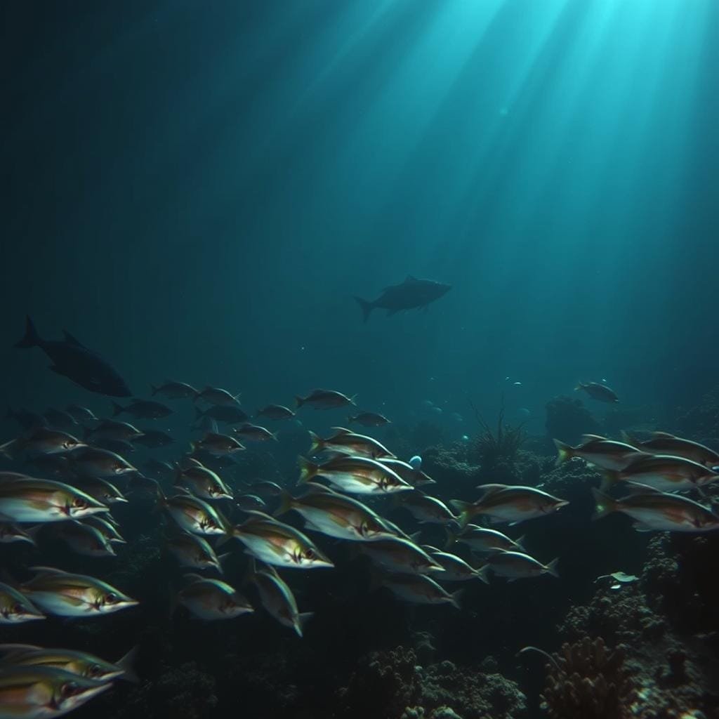 A dimly lit underwater seascape, illuminated by shafts of sunlight filtering through the water. In the foreground, a school of bottom-dwelling fish, their mouths agape, scouring the seafloor for scraps and detritus. Surrounding them, an array of benthic specialists, including flatfish, rays, and crustaceans, each adapted to their unique ecological niche. The middle ground is occupied by larger predatory fish, their silhouettes looming in the distance, while the background is a hazy, blurred expanse of coral and kelp, creating a sense of depth and mystery. The overall mood is one of a vibrant, yet delicate, underwater ecosystem, where the struggle for survival is ever-present. A dimly lit underwater seascape, illuminated by shafts of sunlight filtering through the water. In the foreground, a school of bottom-dwelling fish, their mouths agape, scouring the seafloor for scraps and detritus. Surrounding them, an array of benthic specialists, including flatfish, rays, and crustaceans, each adapted to their unique ecological niche. The middle ground is occupied by larger predatory fish, their silhouettes looming in the distance, while the background is a hazy, blurred expanse of coral and kelp, creating a sense of depth and mystery. The overall mood is one of a vibrant, yet delicate, underwater ecosystem, where the struggle for survival is ever-present.