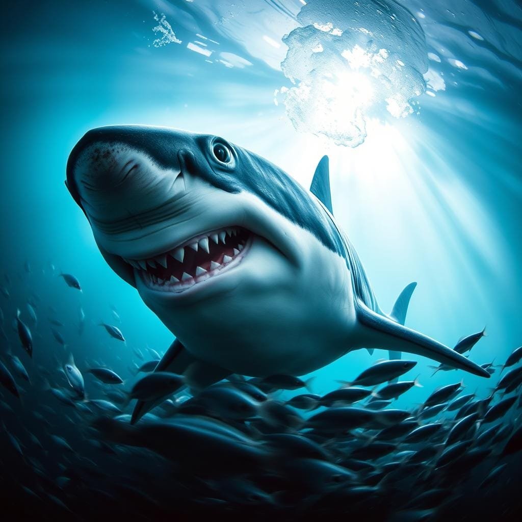 A dramatic close-up of a great white shark mid-hunt, its powerful jaws agape, revealing rows of razor-sharp teeth. The shark's eyes are narrowed, focused intently on its prey, surrounded by a swirling school of smaller fish in the foreground. In the middle ground, the shark's muscular body and sleek, streamlined form glide effortlessly through the turquoise blue waters, propelled by its strong tail. The background fades into a hazy, atmospheric underwater scene, with shafts of sunlight filtering down from the surface, creating a sense of depth and drama. The overall mood is one of raw, predatory power and the unforgiving efficiency of the shark's hunting tactics and tools. A dramatic close-up of a great white shark mid-hunt, its powerful jaws agape, revealing rows of razor-sharp teeth. The shark's eyes are narrowed, focused intently on its prey, surrounded by a swirling school of smaller fish in the foreground. In the middle ground, the shark's muscular body and sleek, streamlined form glide effortlessly through the turquoise blue waters, propelled by its strong tail. The background fades into a hazy, atmospheric underwater scene, with shafts of sunlight filtering down from the surface, creating a sense of depth and drama. The overall mood is one of raw, predatory power and the unforgiving efficiency of the shark's hunting tactics and tools.