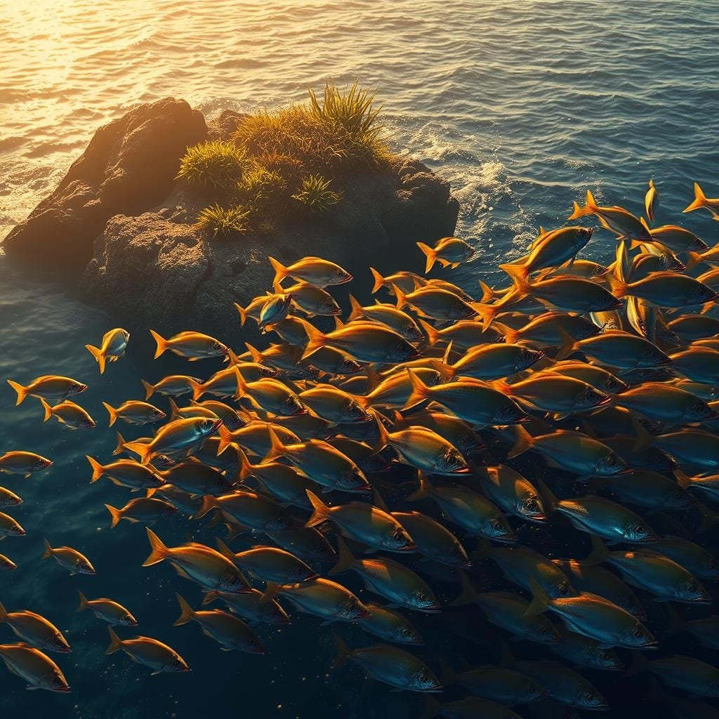 A dramatic seascape scene, bathed in warm golden light. In the foreground, a school of vibrant, iridescent fish dart and swirl, their mouths agape as they feed feverishly on a cornucopia of smaller sea creatures. The middle ground features a rocky outcrop, dotted with lush marine vegetation swaying gently in the current. In the distance, the silhouettes of larger predatory fish loom, their shadows cast across the shimmering water surface. The overall atmosphere conveys a sense of frenetic, seasonal feeding activity, driven by the shifting availability of local food sources.