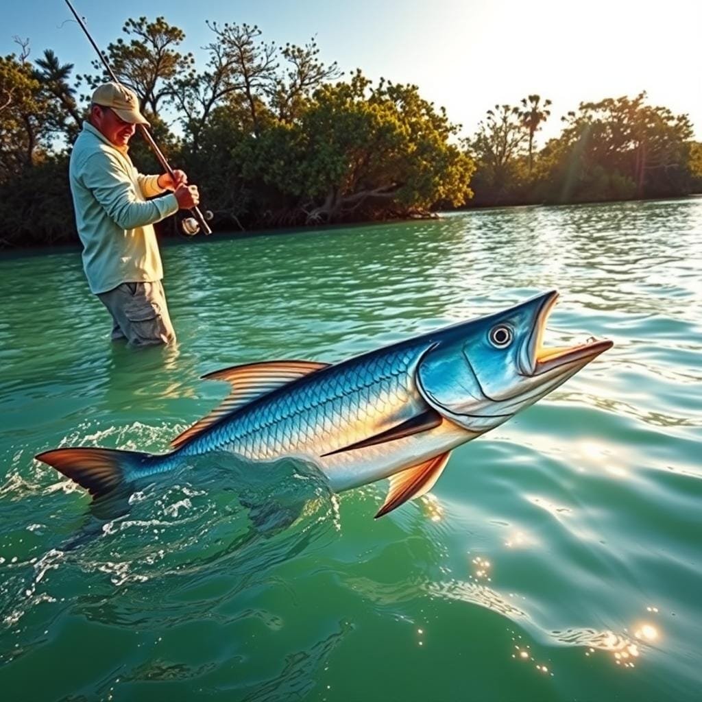 A fisherman standing on a boat, casting a line into the turquoise waters of a tropical estuary. The sun gently illuminates the scene, casting warm, golden hues across the rippling surface. In the background, mangrove trees sway in the gentle breeze, their roots reaching into the shallow waters. The fisherman, with a determined expression, prepares to hook a powerful tarpon, its silvery scales glimmering beneath the surface. The image captures the thrill and challenge of hunting this elusive game fish, showcasing the skills and patience required to successfully catch a tarpon.
