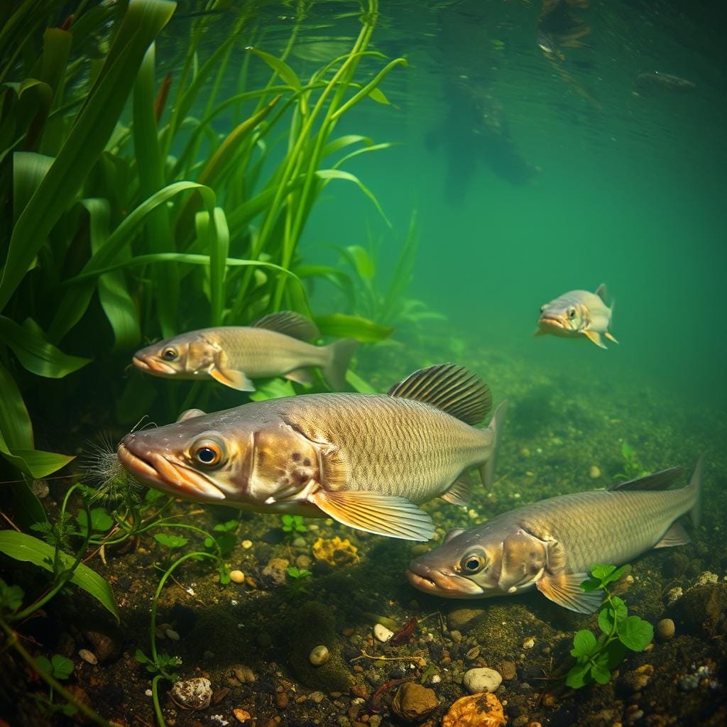 A flathead catfish at different stages of growth, swimming amid lush underwater vegetation. In the foreground, a young catfish nibbles on aquatic plants. In the middle ground, a mature catfish hunts for smaller fish and crustaceans. In the background, an elderly catfish rests near the riverbed, its diet now consisting primarily of detritus and scavenged matter. Soft, natural lighting filters through the water, casting a serene, ethereal glow. The scene is captured with a wide-angle lens, conveying a sense of depth and the interconnected ecosystem. A flathead catfish at different stages of growth, swimming amid lush underwater vegetation. In the foreground, a young catfish nibbles on aquatic plants. In the middle ground, a mature catfish hunts for smaller fish and crustaceans. In the background, an elderly catfish rests near the riverbed, its diet now consisting primarily of detritus and scavenged matter. Soft, natural lighting filters through the water, casting a serene, ethereal glow. The scene is captured with a wide-angle lens, conveying a sense of depth and the interconnected ecosystem.