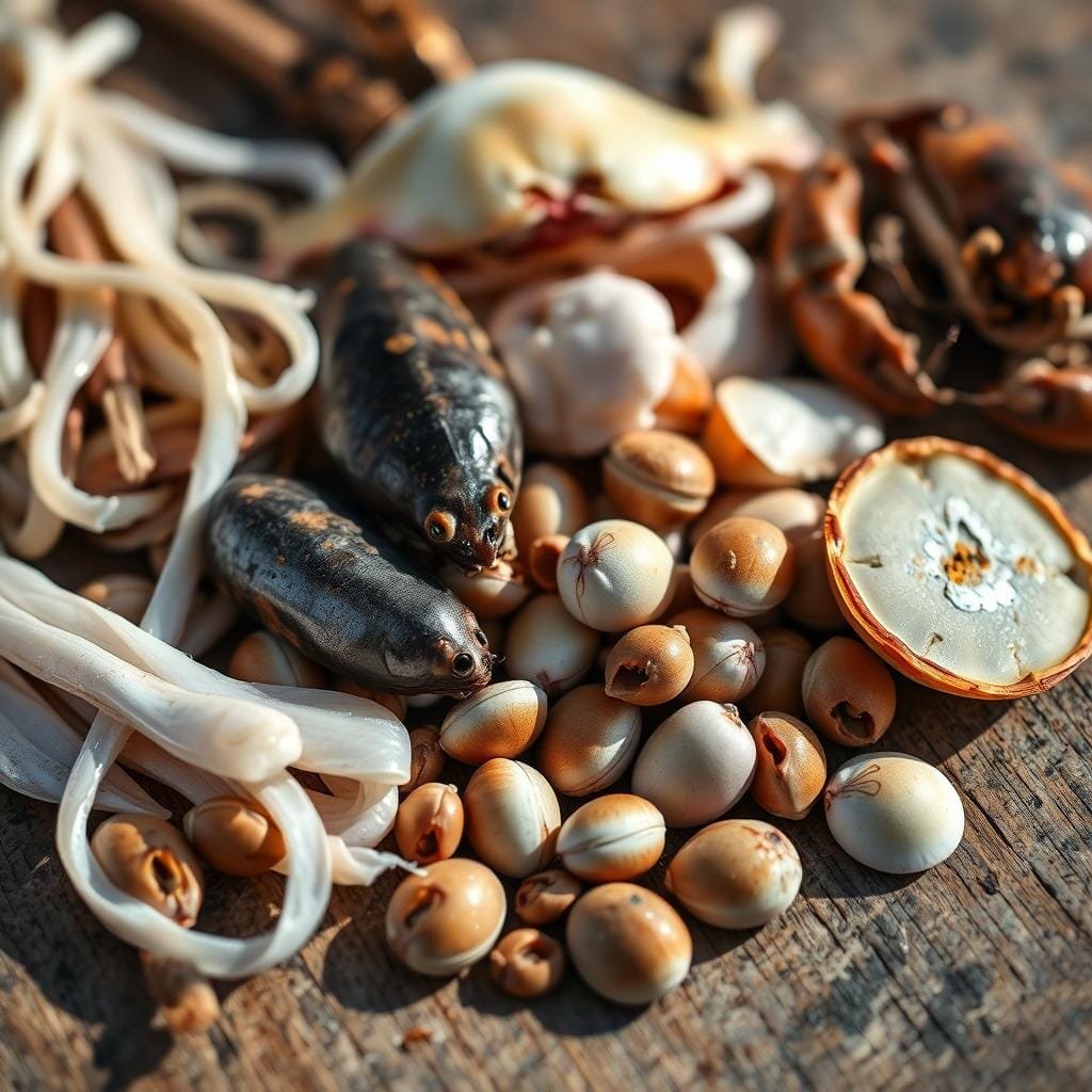 A high-resolution close-up image of an assortment of proven triggerfish baits, including freshly caught squid strips, live crabs, and a variety of shucked shellfish, arranged on a wooden surface. The lighting is natural and soft, highlighting the vibrant colors and textures of the bait. The composition is balanced, with the items placed in an eye-catching arrangement. The overall mood is one of fishing preparedness and anticipation, conveying the idea of effective lures that will trigger bites from triggerfish.