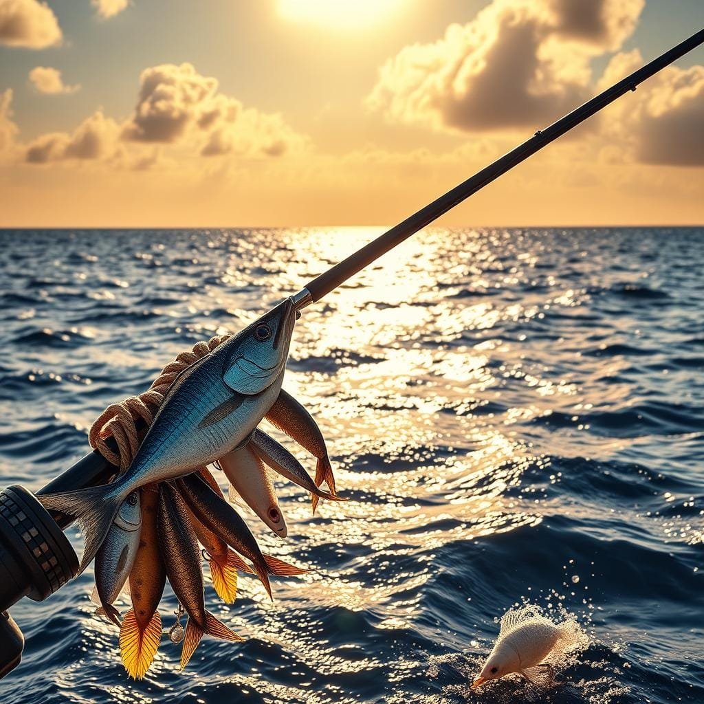 A high-resolution, highly detailed image of a fishing rig designed to attract and catch Spanish mackerel. In the foreground, the rig is meticulously crafted, featuring a variety of lures and baitfish that mimic the natural prey of the mackerel. The lures are rendered with exquisite realism, showcasing their intricate textures and lifelike movements. In the middle ground, the water's surface is depicted with a shimmering, sun-dappled effect, creating a sense of depth and realism. In the background, a vast expanse of open ocean stretches out, with a cloudless sky overhead bathed in warm, golden light. The overall scene conveys the excitement and skill of trolling for these powerful, sought-after gamefish. A high-resolution, highly detailed image of a fishing rig designed to attract and catch Spanish mackerel. In the foreground, the rig is meticulously crafted, featuring a variety of lures and baitfish that mimic the natural prey of the mackerel. The lures are rendered with exquisite realism, showcasing their intricate textures and lifelike movements. In the middle ground, the water's surface is depicted with a shimmering, sun-dappled effect, creating a sense of depth and realism. In the background, a vast expanse of open ocean stretches out, with a cloudless sky overhead bathed in warm, golden light. The overall scene conveys the excitement and skill of trolling for these powerful, sought-after gamefish.