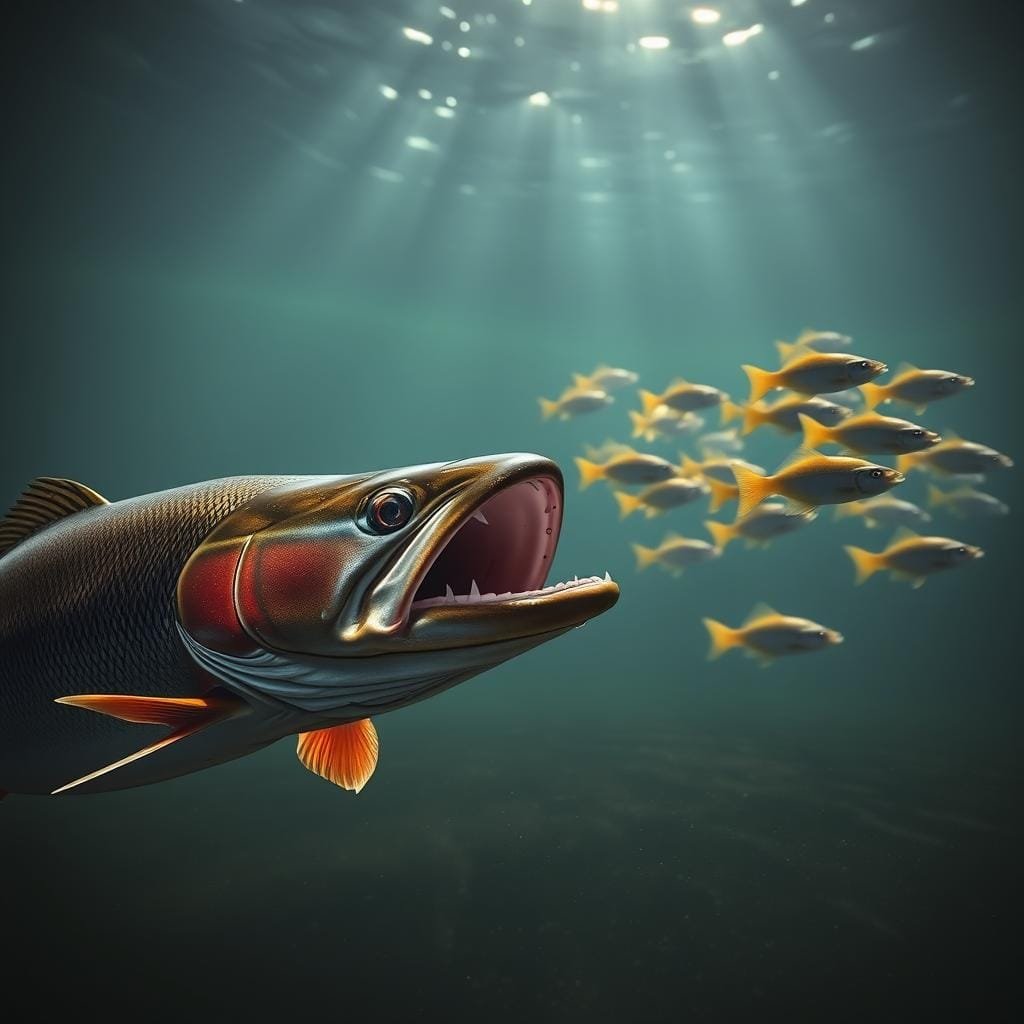 A lake trout hunting for prey in its natural habitat, its powerful jaws open and ready to strike. In the foreground, the trout's muscular body and gleaming scales are illuminated by soft, diffused lighting, creating a sense of depth and dimension. The middle ground features a school of smaller fish, their movements captured in a blur, as they attempt to evade the predator. In the background, the deep, murky waters of the lake provide a moody, atmospheric backdrop, with shafts of light piercing the surface and casting dramatic shadows. The overall scene conveys the predatory nature of the lake trout and the tension of a potential prey encounter, creating a visually captivating and realistic representation of the subject matter. A lake trout hunting for prey in its natural habitat, its powerful jaws open and ready to strike. In the foreground, the trout's muscular body and gleaming scales are illuminated by soft, diffused lighting, creating a sense of depth and dimension. The middle ground features a school of smaller fish, their movements captured in a blur, as they attempt to evade the predator. In the background, the deep, murky waters of the lake provide a moody, atmospheric backdrop, with shafts of light piercing the surface and casting dramatic shadows. The overall scene conveys the predatory nature of the lake trout and the tension of a potential prey encounter, creating a visually captivating and realistic representation of the subject matter.