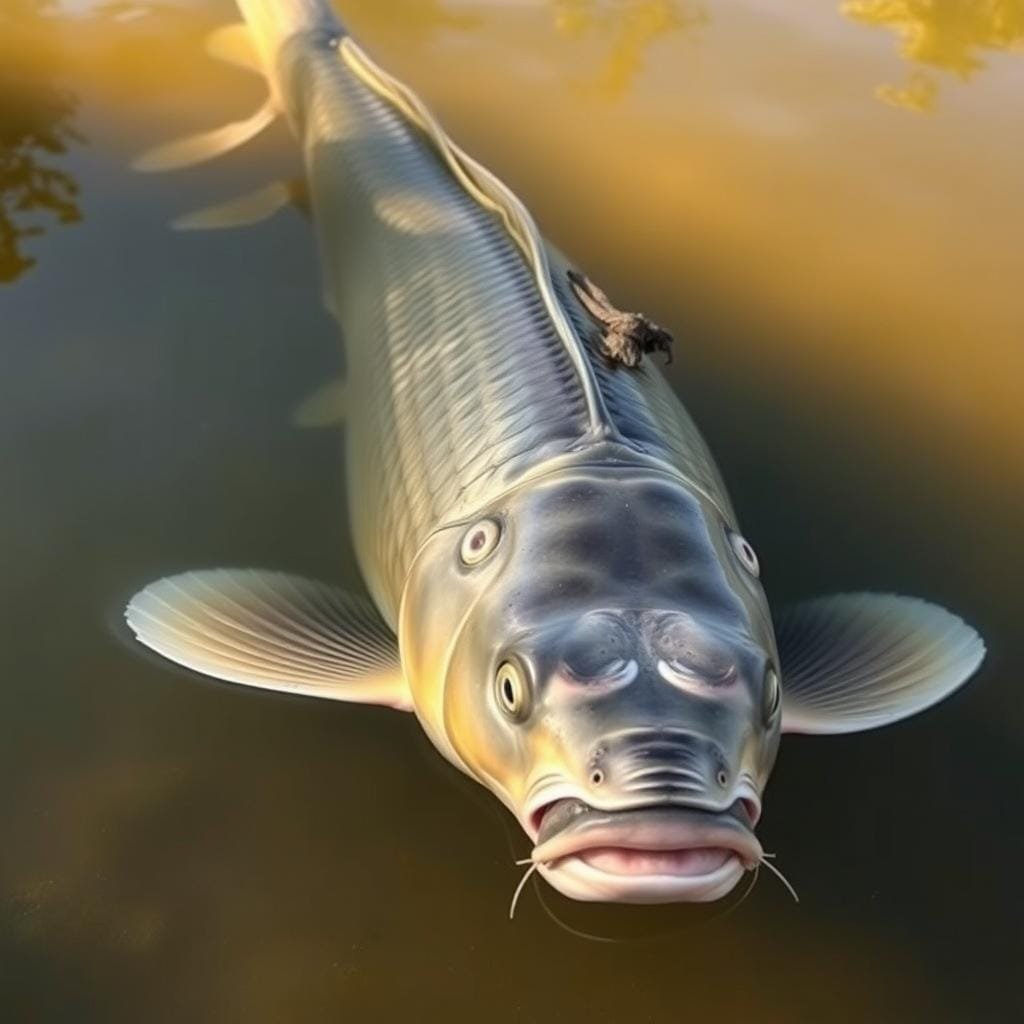 A large carp swimming gracefully through a tranquil pond, its whisker-like barbels gently probing the water for food. The carp's eyes are alert, scanning the depths for any sign of movement or vibration that could indicate a tasty morsel. As it opens its cavernous mouth, tiny taste buds on its tongue and palate detect the faintest chemical traces, guiding the carp towards its next meal. Soft, undulating fins propel the carp forward, its sensitive skin able to feel the slightest current or disturbance in the water, alerting it to potential prey or danger. Warm, golden sunlight filters through the surface, casting a serene glow over the scene.