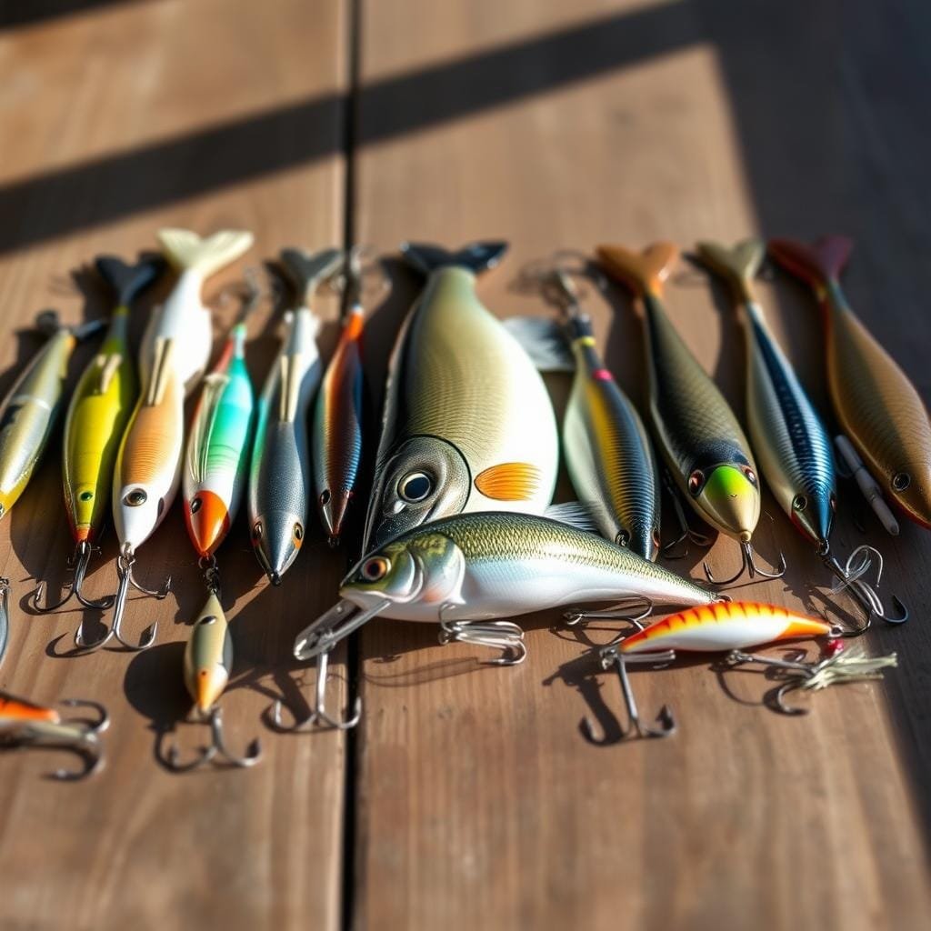 A lineup of various fishing lures in different shapes, sizes, and colors, arranged meticulously on a wooden surface. The lures are positioned to showcase their unique features, with the larger ones in the center and the smaller ones surrounding them. The lighting is natural, casting soft shadows that accentuate the textures and details of the lures. The background is slightly blurred, allowing the lures to take center stage. The overall composition creates a sense of organization and visual interest, capturing the essence of a well-curated selection of fishing lures suitable for catching white bass. A lineup of various fishing lures in different shapes, sizes, and colors, arranged meticulously on a wooden surface. The lures are positioned to showcase their unique features, with the larger ones in the center and the smaller ones surrounding them. The lighting is natural, casting soft shadows that accentuate the textures and details of the lures. The background is slightly blurred, allowing the lures to take center stage. The overall composition creates a sense of organization and visual interest, capturing the essence of a well-curated selection of fishing lures suitable for catching white bass.