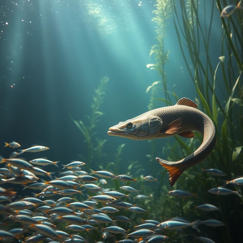 A lush aquatic scene depicts a gar, its long, slender body coiled gracefully as it peers intently at its prey. Diffused sunlight filters through the water, casting a soft, ethereal glow on the gar's armored scales. In the foreground, schools of small, silvery fish dart nervously, while larger, bony-plated fish swim cautiously in the middle ground. The background is filled with a lush, underwater forest of swaying aquatic plants, creating a sense of depth and natural wonder. The gar's sharp, elongated jaws hint at its carnivorous nature, ready to strike at the right moment. The overall composition conveys the gar's predatory prowess and its vital role in the delicate ecosystem of the freshwater habitat.
