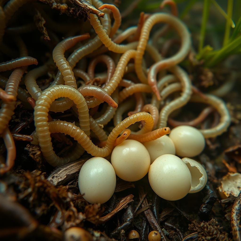 A lush, close-up scene of wriggling, squirming worms and leeches, their glistening bodies emerging from a bed of decaying plant matter. Submerged eggs, some cracked open, dot the foreground, surrounded by a tangle of aquatic vegetation and detritus. Soft, diffused lighting illuminates the scene, creating a sense of muted, natural wonder. The composition draws the viewer's eye inward, inviting closer examination of this hidden, micro-ecosystem. Captured with a macro lens, the image provides an intimate, immersive glimpse into the diverse, nutritious food sources that sustain the bluegill. A lush, close-up scene of wriggling, squirming worms and leeches, their glistening bodies emerging from a bed of decaying plant matter. Submerged eggs, some cracked open, dot the foreground, surrounded by a tangle of aquatic vegetation and detritus. Soft, diffused lighting illuminates the scene, creating a sense of muted, natural wonder. The composition draws the viewer's eye inward, inviting closer examination of this hidden, micro-ecosystem. Captured with a macro lens, the image provides an intimate, immersive glimpse into the diverse, nutritious food sources that sustain the bluegill.