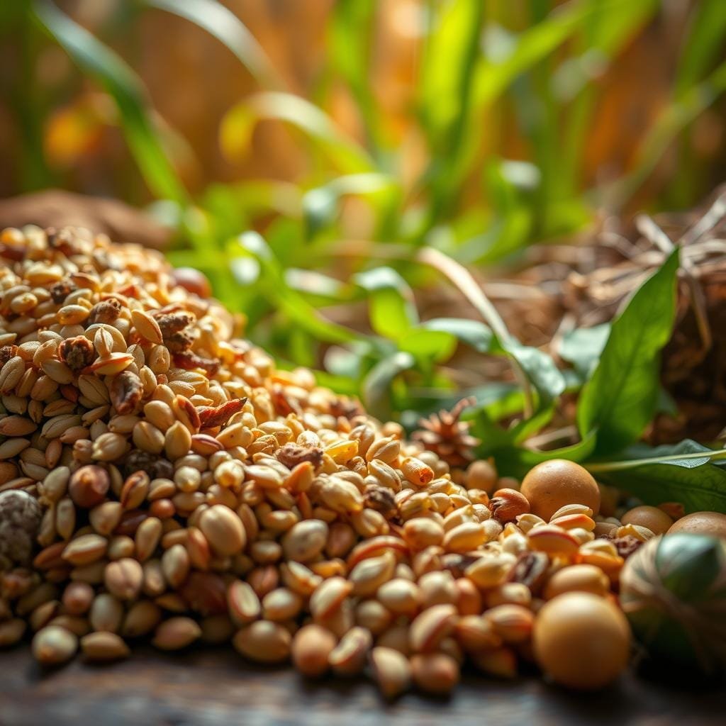 A lush, closeup view of a variety of plant matter, including clusters of seeds, husks, and other organic surface snacks. The foreground features an array of grains, nuts, and pods in warm, earthy tones, arranged artfully on a wooden surface. The middle ground showcases vibrant green leaves and stems, hinting at the underwater vegetation that carp would forage. The background is softly blurred, creating a sense of depth and focus on the edible plant materials. Warm, natural lighting illuminates the scene, casting gentle shadows and highlights to accentuate the textures and details. Shot with a macro lens to capture the intricate structures and patterns of this carp's dietary staples.