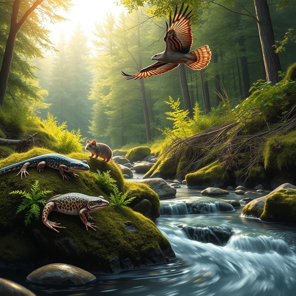 A lush, naturalistic scene depicting the diverse diet of brook trout. In the foreground, a pair of spotted salamanders and a green frog perch on moss-covered rocks, their vibrant colors contrasting with the flowing brook. In the middle ground, a small field mouse scurries through the underbrush, while overhead, a red-tailed hawk circles in search of prey. The background is a dense, verdant forest, with sunlight filtering through the canopy, creating a warm, atmospheric glow. The composition emphasizes the interconnectedness of the aquatic and terrestrial ecosystems, showcasing the wide range of amphibians, mammals, and other organisms that comprise the diverse diet of the brook trout.