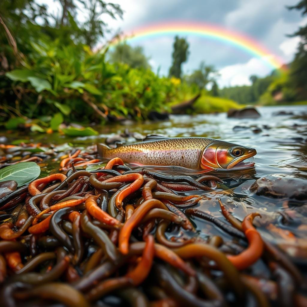A lush, rain-drenched riverbank teeming with life. In the foreground, a cluster of slithering worms and wriggling leeches, their slimy bodies glistening under the soft, diffused light. The middle ground reveals a rainbow trout, its iridescent scales catching the dappled sunlight as it rises to the surface, eager to feast on the abundant protein. In the background, a vibrant rainbow arcs across the sky, its brilliant hues reflected in the rippling currents of the stream. The scene exudes a sense of harmony, where the predator and the prey coexist in a delicate balance, sustaining the natural order.