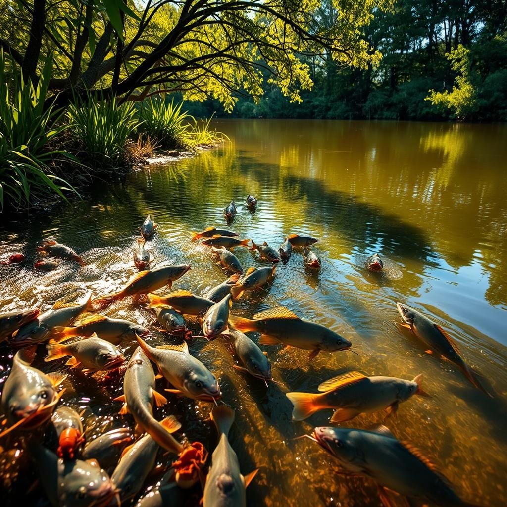 A lush riverbank, dotted with reeds and overhanging branches, contrasts with the still, glassy surface of a nearby pond. In the foreground, a school of channel catfish dart through the current, their whisker-like barbels probing the riverbed for crayfish and aquatic insects. Sunlight filters through the trees, casting a warm, golden glow over the scene. In the distance, the still waters of the pond reflect the surrounding foliage, creating a serene, mirror-like surface where larger channel cats lazily hover, waiting to ambush their prey. The composition is balanced, with the dynamic river contrasted by the tranquil pond, highlighting the diverse foraging habitats of these adaptable bottom-dwelling fish.
