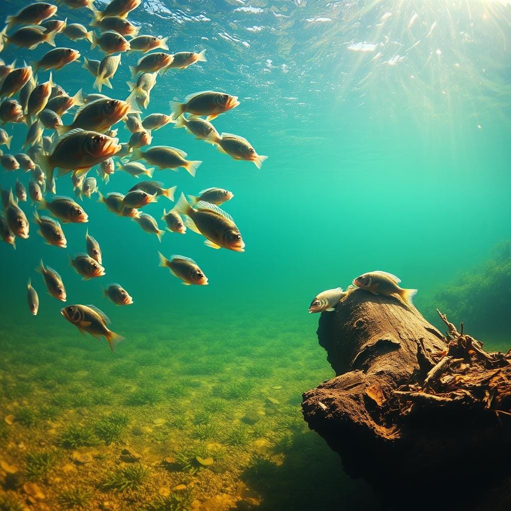 A lush underwater scene, capturing the contrast between suspended and bottom-oriented feeding strategies employed by crappie. In the foreground, a shoal of crappie gracefully suspended in the water column, their mouths agape, poised to intercept drifting morsels. In the middle ground, larger crappie rest atop a submerged log, their bodies oriented towards the substrate, actively foraging for fallen prey. The background features a gently sloping riverbed, dotted with aquatic vegetation and illuminated by shafts of warm, golden light filtering through the surface. The scene conveys the nuanced ways in which crappie adapt their feeding behaviors to the varying depths and resources available in their habitat. A lush underwater scene, capturing the contrast between suspended and bottom-oriented feeding strategies employed by crappie. In the foreground, a shoal of crappie gracefully suspended in the water column, their mouths agape, poised to intercept drifting morsels. In the middle ground, larger crappie rest atop a submerged log, their bodies oriented towards the substrate, actively foraging for fallen prey. The background features a gently sloping riverbed, dotted with aquatic vegetation and illuminated by shafts of warm, golden light filtering through the surface. The scene conveys the nuanced ways in which crappie adapt their feeding behaviors to the varying depths and resources available in their habitat.