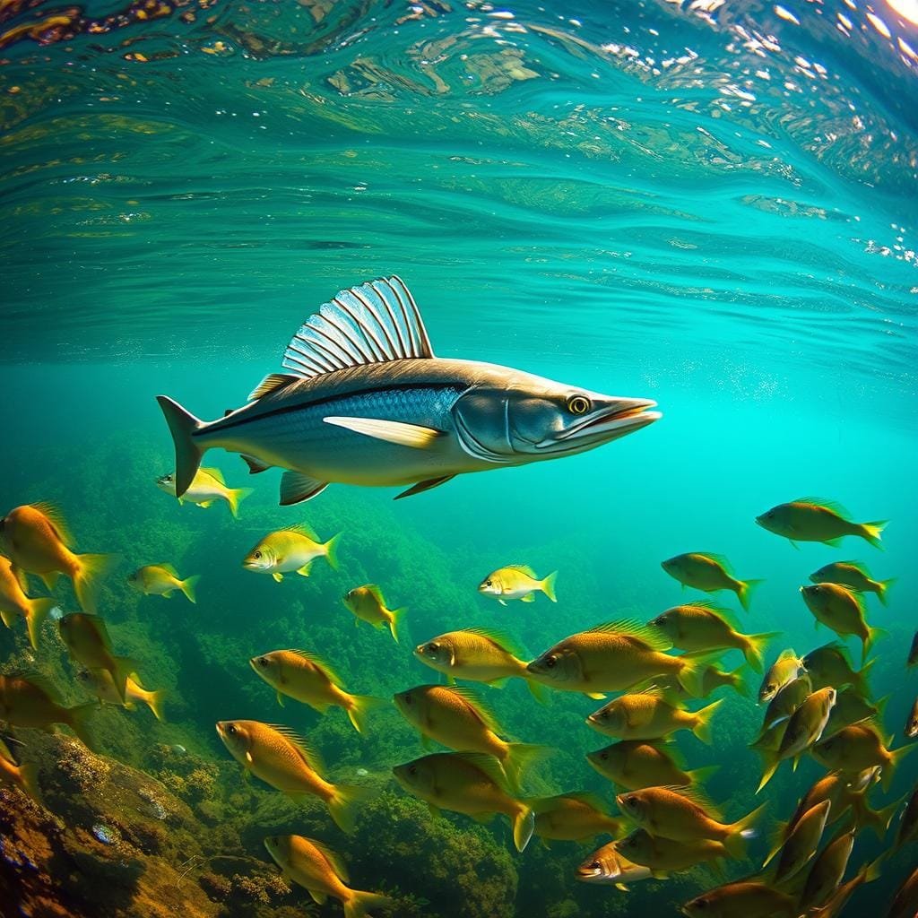 A lush underwater scene with a central focus on a majestic bowfin, its sleek body and distinctive dorsal fin cutting through the crystal-clear water. In the foreground, a school of vibrant game fish such as bass and crappie swim freely, unaffected by the presence of the bowfin. The background features a rich, verdant aquatic environment, with sunlight filtering through the water and creating a warm, natural glow. The composition suggests a harmonious coexistence, challenging the myth that bowfin are detrimental to game fish populations. The scene is captured with a wide-angle lens, providing a sense of depth and immersion.