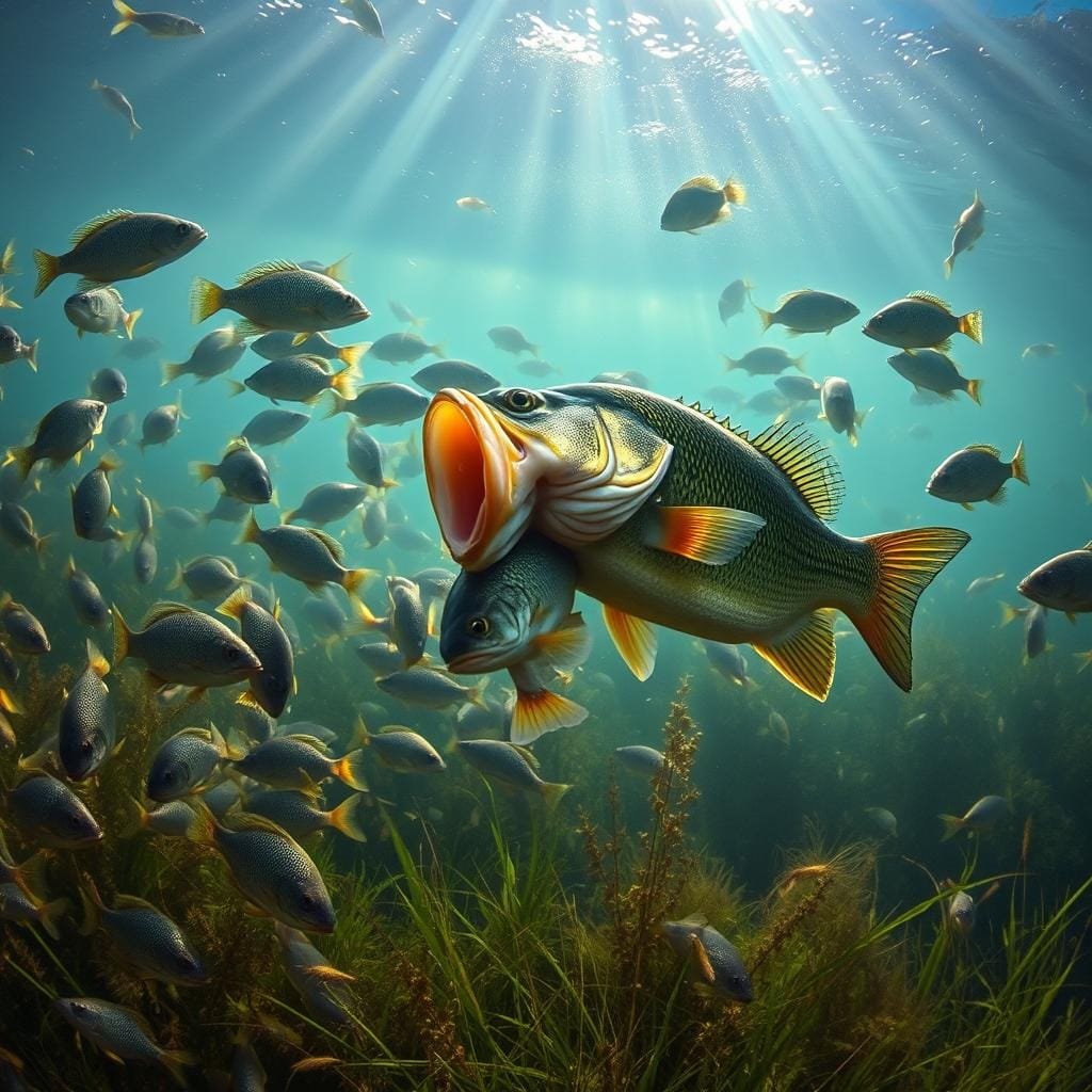 A lush underwater scene, with a foreground of vibrant bluegill and shimmering shad swimming amidst a school of largemouth bass. The middle ground features a dramatic display of self-cannibalism, with a bass devouring a smaller version of itself. Beams of ethereal light filter through the water, casting an otherworldly glow on the predatory dynamics unfolding. The background is a hazy, dreamlike expanse of aquatic vegetation and the faint silhouettes of distant fish. The image conveys the intensity and complexity of the largemouth bass's feeding behavior, a delicate balance of predation and survival within the aquatic ecosystem.