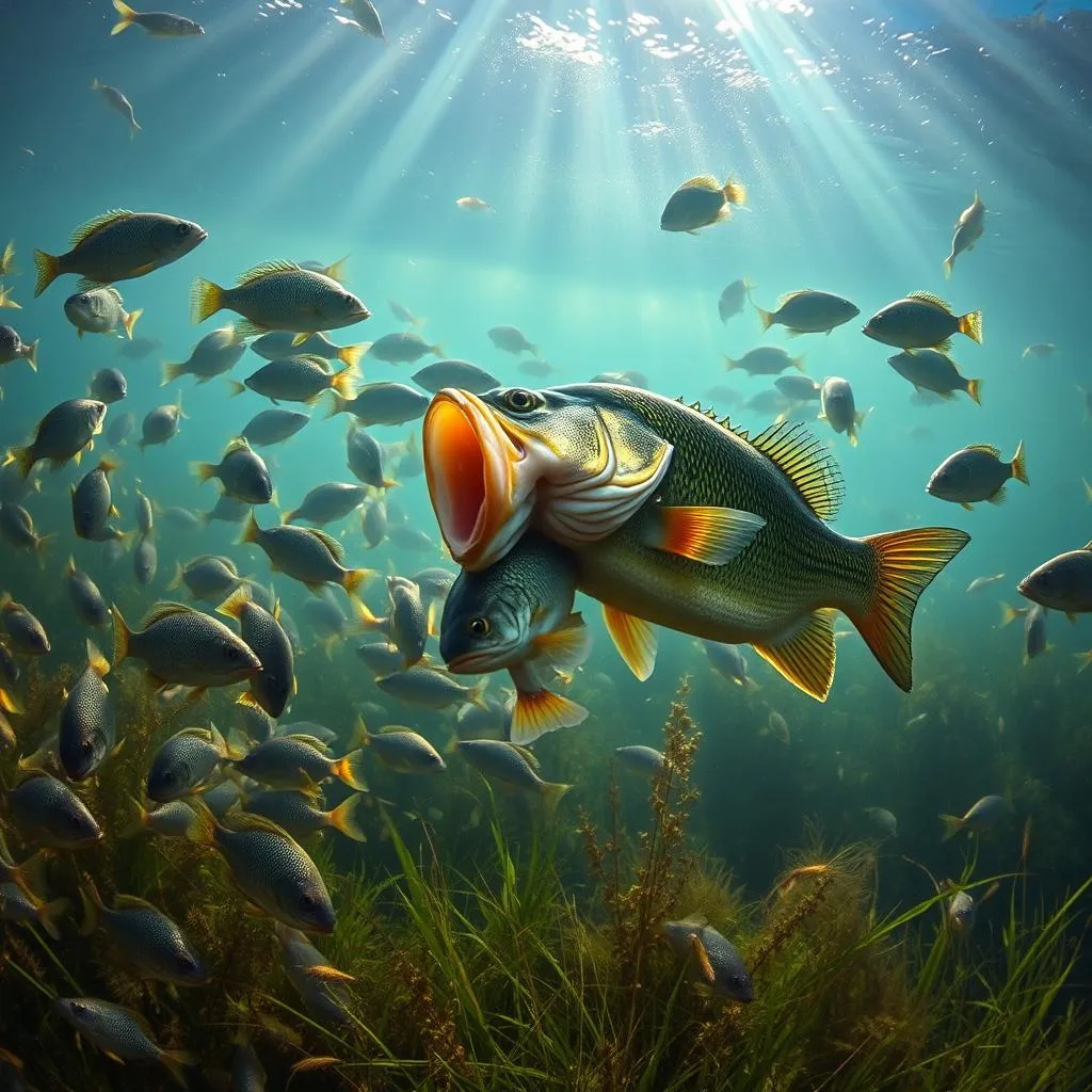 A lush underwater scene, with a foreground of vibrant bluegill and shimmering shad swimming amidst a school of largemouth bass. The middle ground features a dramatic display of self-cannibalism, with a bass devouring a smaller version of itself. Beams of ethereal light filter through the water, casting an otherworldly glow on the predatory dynamics unfolding. The background is a hazy, dreamlike expanse of aquatic vegetation and the faint silhouettes of distant fish. The image conveys the intensity and complexity of the largemouth bass's feeding behavior, a delicate balance of predation and survival within the aquatic ecosystem. A lush underwater scene, with a foreground of vibrant bluegill and shimmering shad swimming amidst a school of largemouth bass. The middle ground features a dramatic display of self-cannibalism, with a bass devouring a smaller version of itself. Beams of ethereal light filter through the water, casting an otherworldly glow on the predatory dynamics unfolding. The background is a hazy, dreamlike expanse of aquatic vegetation and the faint silhouettes of distant fish. The image conveys the intensity and complexity of the largemouth bass's feeding behavior, a delicate balance of predation and survival within the aquatic ecosystem.
