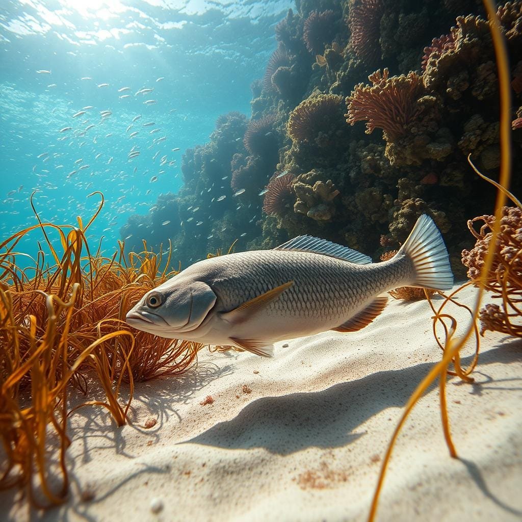 A lush underwater seascape, with a summer flounder gracefully gliding through the shimmering waters. In the foreground, the flounder's camouflaged body blends seamlessly with the sandy seafloor, as it meticulously scans the terrain for its next meal. Delicate tendrils of seaweed sway in the gentle current, providing a serene backdrop. In the middle ground, schools of small baitfish dart through the scene, their silvery scales reflecting the dappled sunlight filtering down from the surface. The background is dominated by a vibrant coral reef, its intricate structures and vibrant hues creating a sense of depth and wonder. The lighting is soft and natural, casting a warm, golden glow over the entire composition. A lush underwater seascape, with a summer flounder gracefully gliding through the shimmering waters. In the foreground, the flounder's camouflaged body blends seamlessly with the sandy seafloor, as it meticulously scans the terrain for its next meal. Delicate tendrils of seaweed sway in the gentle current, providing a serene backdrop. In the middle ground, schools of small baitfish dart through the scene, their silvery scales reflecting the dappled sunlight filtering down from the surface. The background is dominated by a vibrant coral reef, its intricate structures and vibrant hues creating a sense of depth and wonder. The lighting is soft and natural, casting a warm, golden glow over the entire composition.