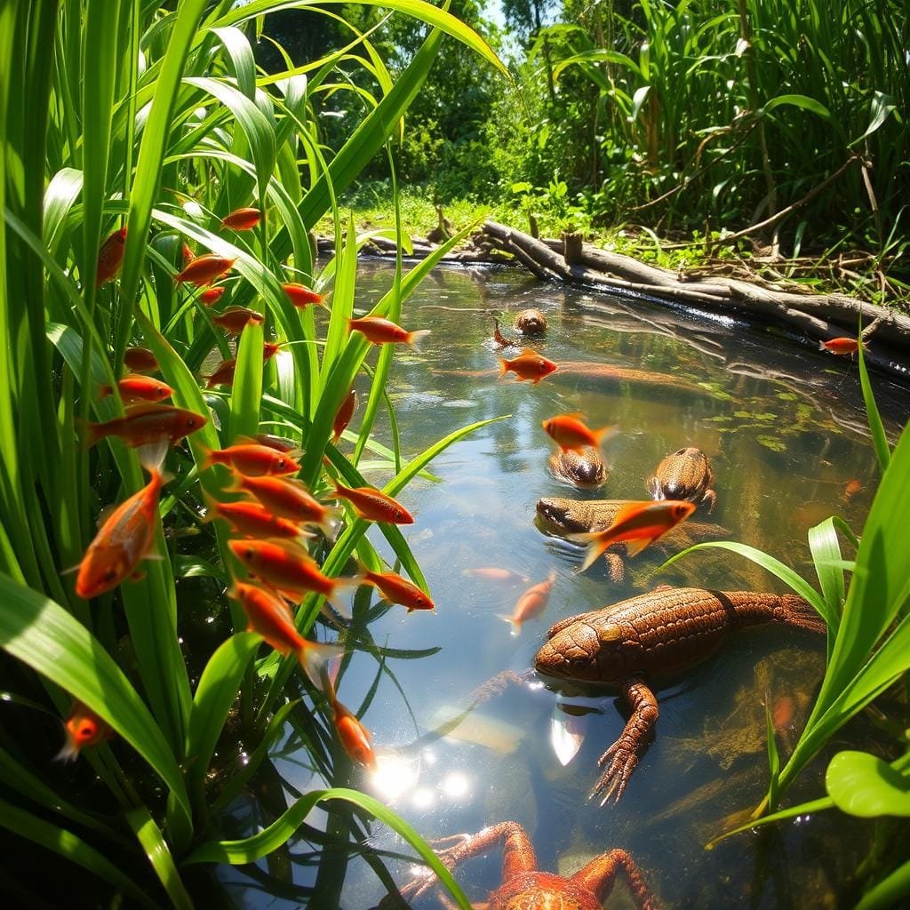 A lush, verdant backwater teeming with life. In the foreground, a school of vibrant fish dart among the swaying aquatic plants, their scales glittering in the dappled sunlight. Nearby, a crayfish emerges from its hiding place, its armored carapace a striking contrast to the soft, verdant foliage. In the middle ground, the water's surface is broken by the sinuous movements of unseen creatures, while the background is filled with a tangle of submerged logs and dense vegetation, creating a sense of mystery and hidden depths. The scene is illuminated by a warm, golden glow, casting a natural, ambient light across the entire composition. Captured with a wide-angle lens to convey a sense of immersion and depth, this image perfectly encapsulates the vibrant, thriving ecosystem of a backwater habitat.