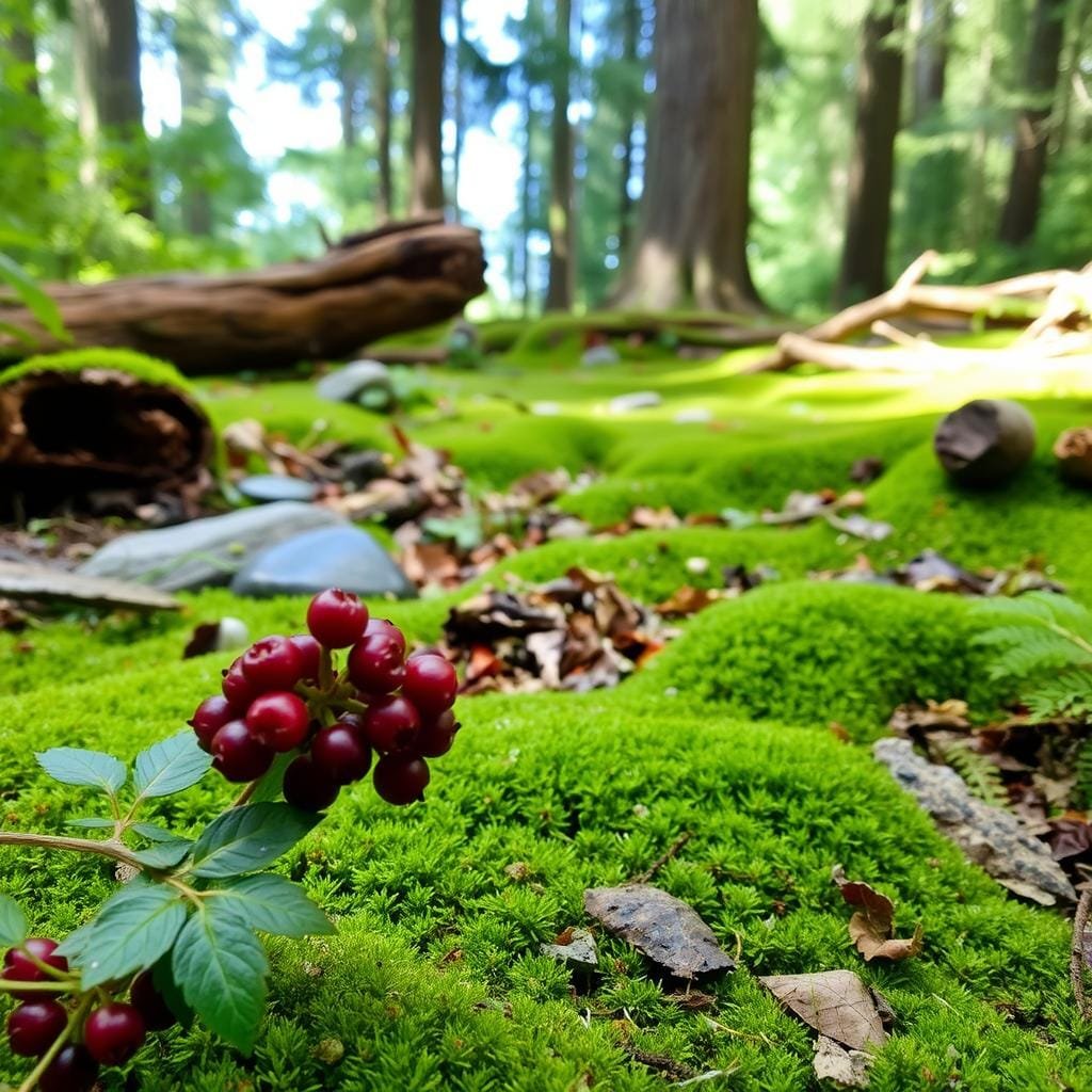 A lush, verdant forest floor, carpeted with moss and ferns, sets the stage for an array of terrestrial food sources and opportunistic snacks. In the foreground, a cluster of wild berries, their deep hues glistening under a soft, natural light. Nearby, a collection of fallen logs and stones provide shelter for a variety of insects, worms, and small rodents, potential prey for the discerning brown trout. The middle ground reveals a scattering of fallen leaves, twigs, and other organic matter, creating a diverse ecosystem for a range of invertebrates. In the background, the canopy of towering trees casts a gentle, dappled shadow, establishing a sense of tranquility and balance in this richly biodiverse scene. A lush, verdant forest floor, carpeted with moss and ferns, sets the stage for an array of terrestrial food sources and opportunistic snacks. In the foreground, a cluster of wild berries, their deep hues glistening under a soft, natural light. Nearby, a collection of fallen logs and stones provide shelter for a variety of insects, worms, and small rodents, potential prey for the discerning brown trout. The middle ground reveals a scattering of fallen leaves, twigs, and other organic matter, creating a diverse ecosystem for a range of invertebrates. In the background, the canopy of towering trees casts a gentle, dappled shadow, establishing a sense of tranquility and balance in this richly biodiverse scene.