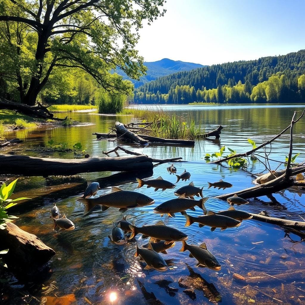 A lush, verdant riverbank with overhanging trees casting dappled sunlight on the tranquil waters. In the foreground, a school of prime warmouth fish dart among the submerged logs and aquatic vegetation. The middle ground features a mix of emergent plants and fallen branches, creating ideal cover for the warmouth. The background depicts a gently rolling landscape, with wooded hills and a clear blue sky, conveying the serene, natural setting of the warmouth's prime habitat. The lighting is soft and natural, with warm tones and long shadows, capturing the essence of a peaceful, seasonal moment in the warmouth's environment. A lush, verdant riverbank with overhanging trees casting dappled sunlight on the tranquil waters. In the foreground, a school of prime warmouth fish dart among the submerged logs and aquatic vegetation. The middle ground features a mix of emergent plants and fallen branches, creating ideal cover for the warmouth. The background depicts a gently rolling landscape, with wooded hills and a clear blue sky, conveying the serene, natural setting of the warmouth's prime habitat. The lighting is soft and natural, with warm tones and long shadows, capturing the essence of a peaceful, seasonal moment in the warmouth's environment.