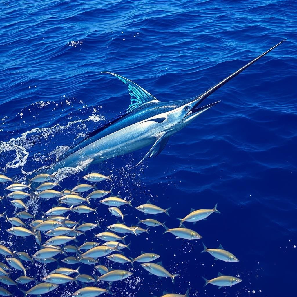 A majestic marlin, its sleek, muscular body gliding effortlessly through the azure waters of the open ocean. The sunlight dances across its iridescent scales, casting a mesmerizing glow. In the foreground, a school of silvery baitfish scatter, their frantic movements betraying their fear of the powerful predator. The marlin's razor-sharp bill parts the waves, its keen eyes scanning the depths for its next meal - perhaps a tuna, a squid, or a mouthwatering swordfish. The vast, blue expanse of the ocean stretches out behind the marlin, a serene and boundless backdrop to this captivating scene of marine predation.