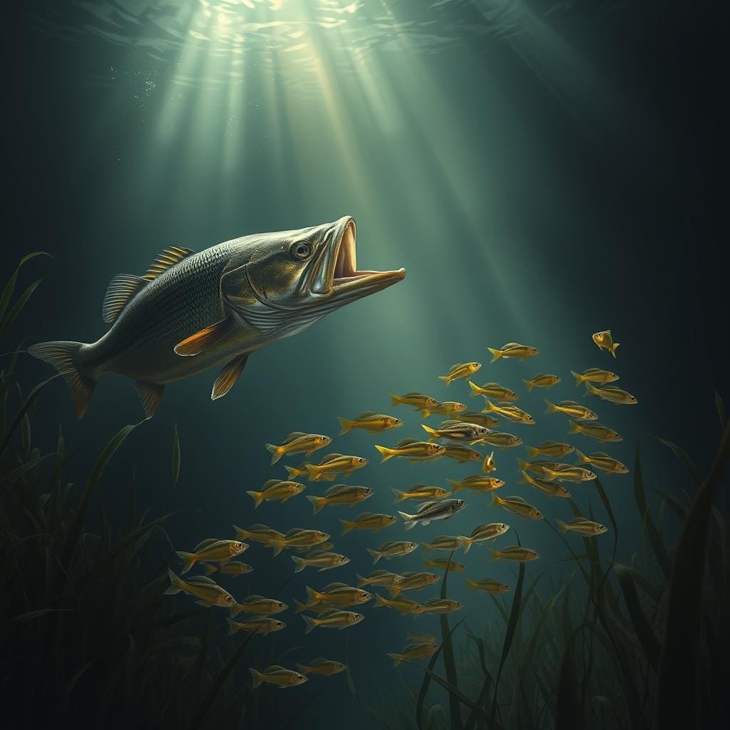 A photorealistic digital painting depicting the dynamic food web interactions between walleye, yellow perch, and their prey cycles. In the foreground, a large walleye stalks a school of smaller yellow perch, its jaws agape, ready to strike. In the middle ground, smaller fish species dart between the aquatic plants, forming the base of the food chain. The background shows a dimly lit underwater scene, with rays of sunlight filtering through the water, casting a moody, atmospheric glow. The image conveys the constant predator-prey relationships that shape the aquatic ecosystem, highlighting the importance of understanding these complex dynamics.