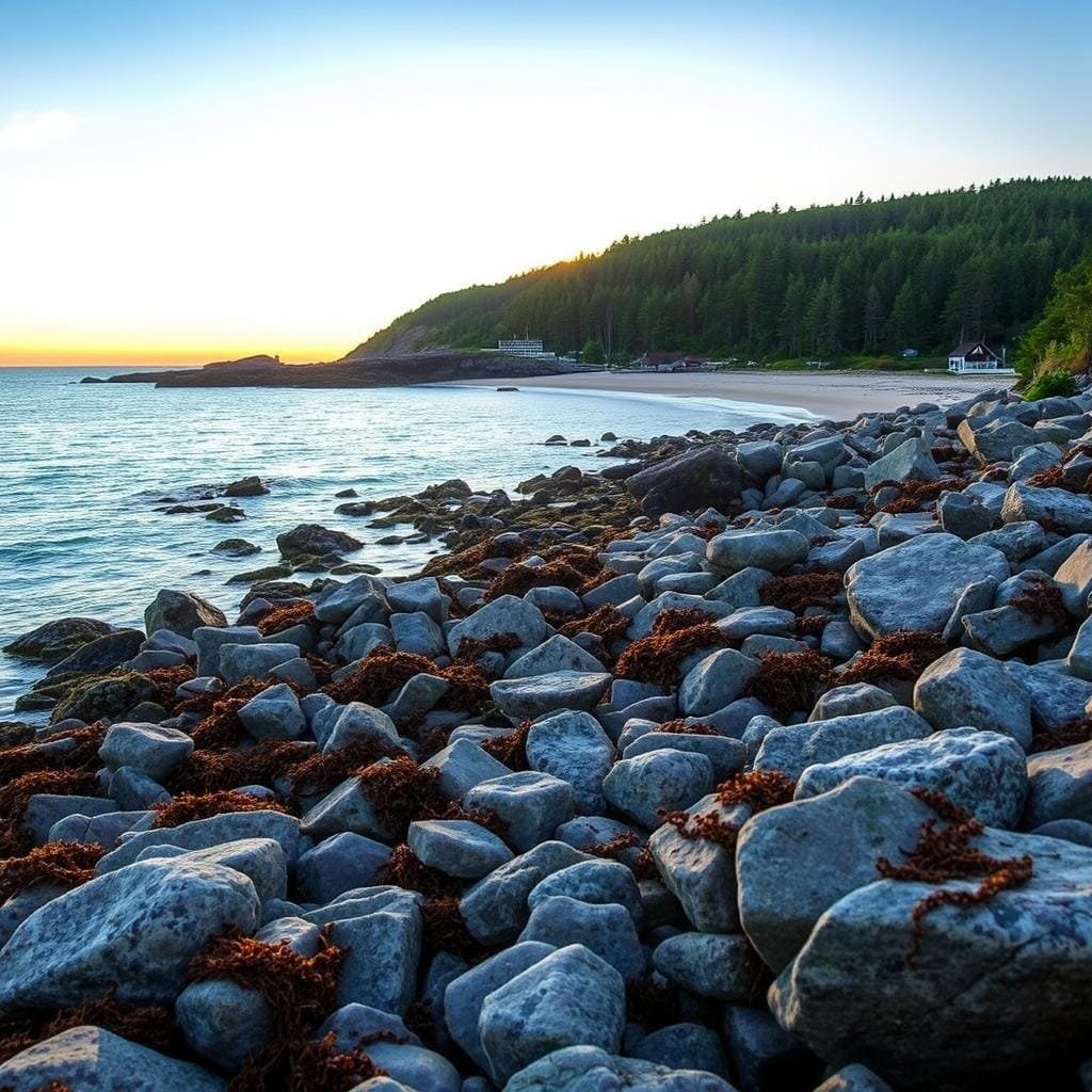 A picturesque coastal scene along the Northeast US, showcasing the prime habitats for scup. In the foreground, a rocky shoreline dotted with tidepools and seaweed-covered boulders. In the middle ground, a gently sloping sandy beach meets the calm, azure waters of the Atlantic. In the background, a verdant forested headland frames the horizon, with the sun casting a warm, golden glow across the serene landscape. The composition captures the ideal natural environments where scup thrive - a balance of rocky outcrops, sandy shallows, and sheltered coves teeming with marine life. Realistic textures, dynamic lighting, and a tranquil atmosphere evoke the quintessential Northeast coastal setting. A picturesque coastal scene along the Northeast US, showcasing the prime habitats for scup. In the foreground, a rocky shoreline dotted with tidepools and seaweed-covered boulders. In the middle ground, a gently sloping sandy beach meets the calm, azure waters of the Atlantic. In the background, a verdant forested headland frames the horizon, with the sun casting a warm, golden glow across the serene landscape. The composition captures the ideal natural environments where scup thrive - a balance of rocky outcrops, sandy shallows, and sheltered coves teeming with marine life. Realistic textures, dynamic lighting, and a tranquil atmosphere evoke the quintessential Northeast coastal setting.