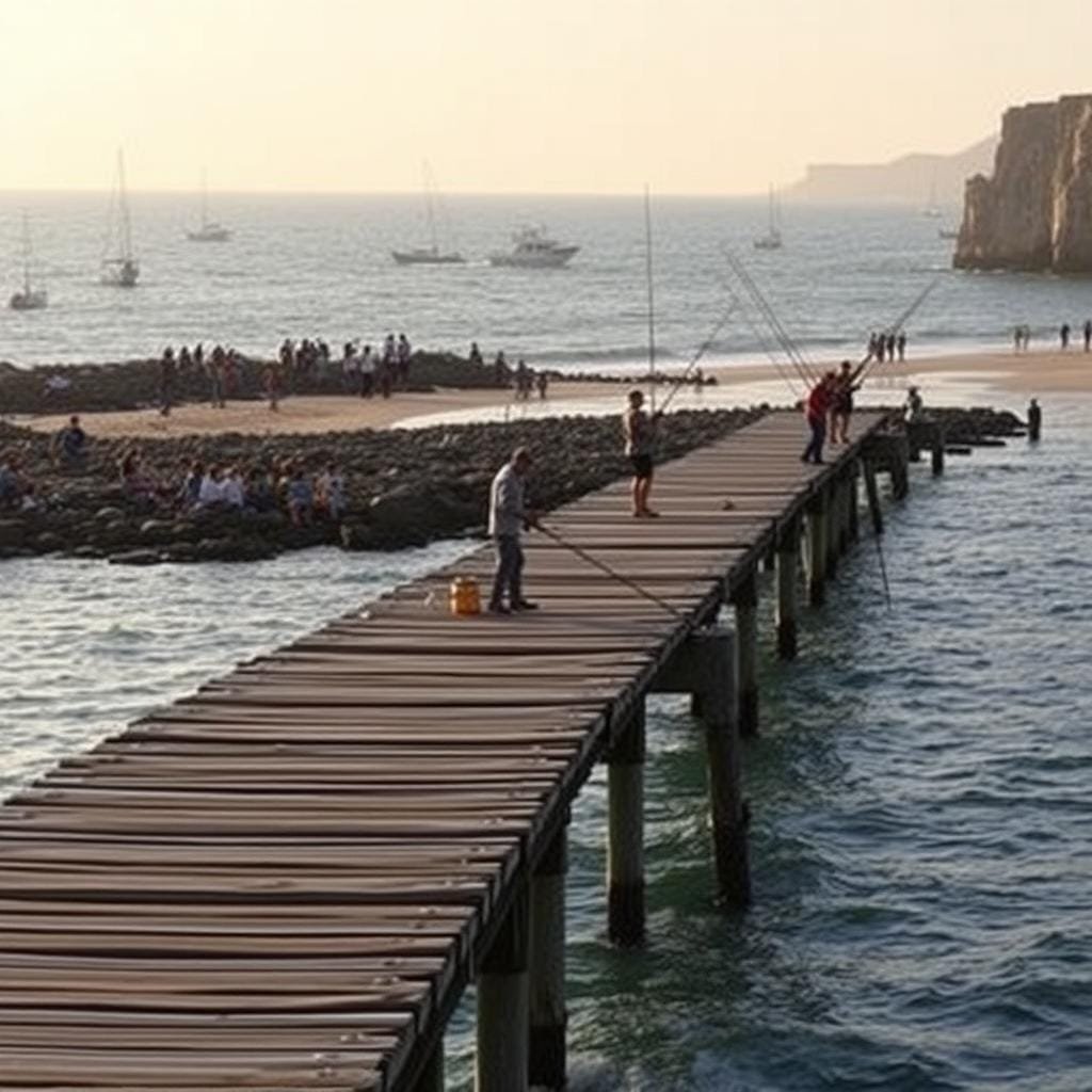 A picturesque coastal scene, with anglers casting their lines from the shore, piers, and boats dotting the horizon. The foreground features a weathered wooden pier extending into gently lapping waves, with fishermen carefully maneuvering their rods and reels. In the middle ground, a rocky shoreline is lined with beachgoers and anglers seeking the perfect spot to catch the elusive spanish mackerel. The background showcases a serene ocean vista, with a mix of small vessels and towering cliffs silhouetted against a soft, golden sunset. The overall mood is one of tranquility and anticipation, as the anglers await the telltale strike that signals a successful catch. A picturesque coastal scene, with anglers casting their lines from the shore, piers, and boats dotting the horizon. The foreground features a weathered wooden pier extending into gently lapping waves, with fishermen carefully maneuvering their rods and reels. In the middle ground, a rocky shoreline is lined with beachgoers and anglers seeking the perfect spot to catch the elusive spanish mackerel. The background showcases a serene ocean vista, with a mix of small vessels and towering cliffs silhouetted against a soft, golden sunset. The overall mood is one of tranquility and anticipation, as the anglers await the telltale strike that signals a successful catch.