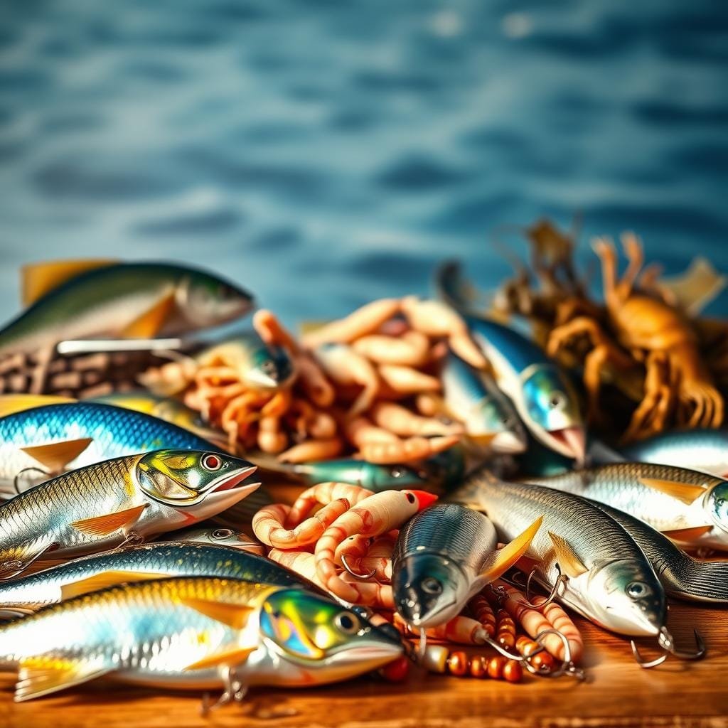 A picturesque still life showcasing an array of fishing baits and lures that mimic the natural prey of pompano. In the foreground, a variety of shiny, lifelike lures in vibrant hues of silver, gold, and iridescent patterns, designed to attract the discerning palate of the pompano. In the middle ground, clusters of live baitfish, shrimp, and crustaceans, each meticulously sculpted to resemble the pompano's favored menu items. The background features a softly blurred seascape, hinting at the underwater realm where these predators thrive. The overall composition is lit with a warm, natural-looking illumination, casting subtle shadows and highlights to enhance the realism of the scene. The mood is one of anticipation and ready-to-fish preparation, inviting the viewer to imagine the hunt and the thrill of a successful catch. A picturesque still life showcasing an array of fishing baits and lures that mimic the natural prey of pompano. In the foreground, a variety of shiny, lifelike lures in vibrant hues of silver, gold, and iridescent patterns, designed to attract the discerning palate of the pompano. In the middle ground, clusters of live baitfish, shrimp, and crustaceans, each meticulously sculpted to resemble the pompano's favored menu items. The background features a softly blurred seascape, hinting at the underwater realm where these predators thrive. The overall composition is lit with a warm, natural-looking illumination, casting subtle shadows and highlights to enhance the realism of the scene. The mood is one of anticipation and ready-to-fish preparation, inviting the viewer to imagine the hunt and the thrill of a successful catch.