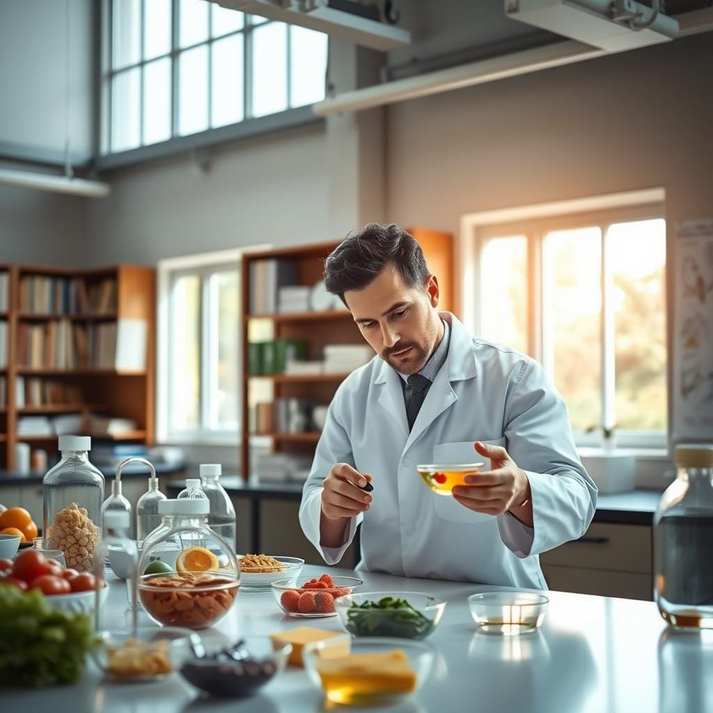 A research laboratory setting, with a table showcasing various food samples and scientific equipment. In the foreground, a scientist in a white lab coat examines a petri dish, their expression intent and focused. Overhead, bright, natural lighting filters in through large windows, casting a warm, analytical glow. In the background, bookshelves and scientific posters line the walls, hinting at the wealth of knowledge and research behind the scene. The atmosphere is one of professional dedication, with a sense of exploration and discovery permeating the space.