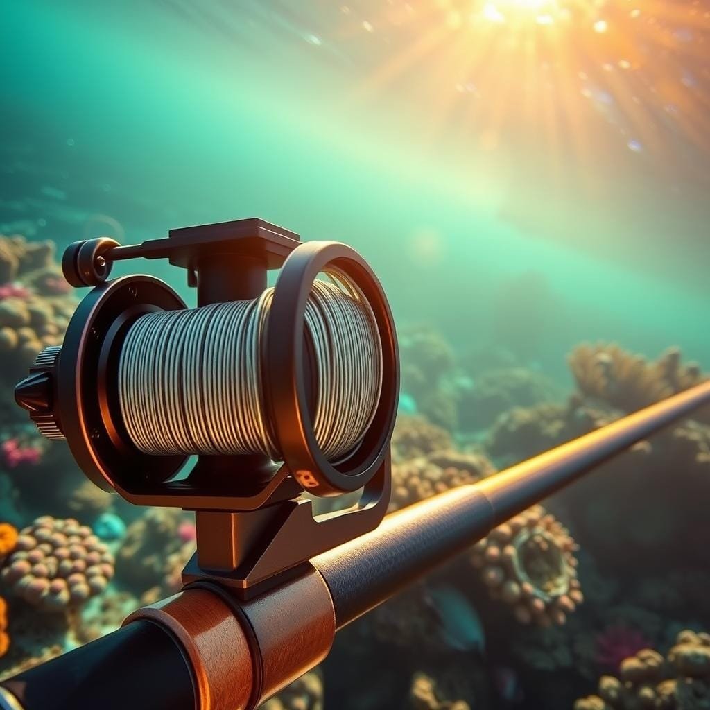 A rugged, heavy-duty fishing reel with a spool of thick, durable braided line sits atop a sturdy rod against the backdrop of a vibrant coral reef teeming with life. The reel's housing is designed to withstand the relentless pounding of giant "reef donkeys" - powerful amberjacks that prowl the underwater canyons. The rod's blank is reinforced with carbon fiber for maximum strength and sensitivity, allowing the angler to detect the slightest tug of a trophy fish. Sunlight filters through the crystal-clear water, casting a warm, golden glow over the scene and highlighting the vibrant hues of the marine environment.
