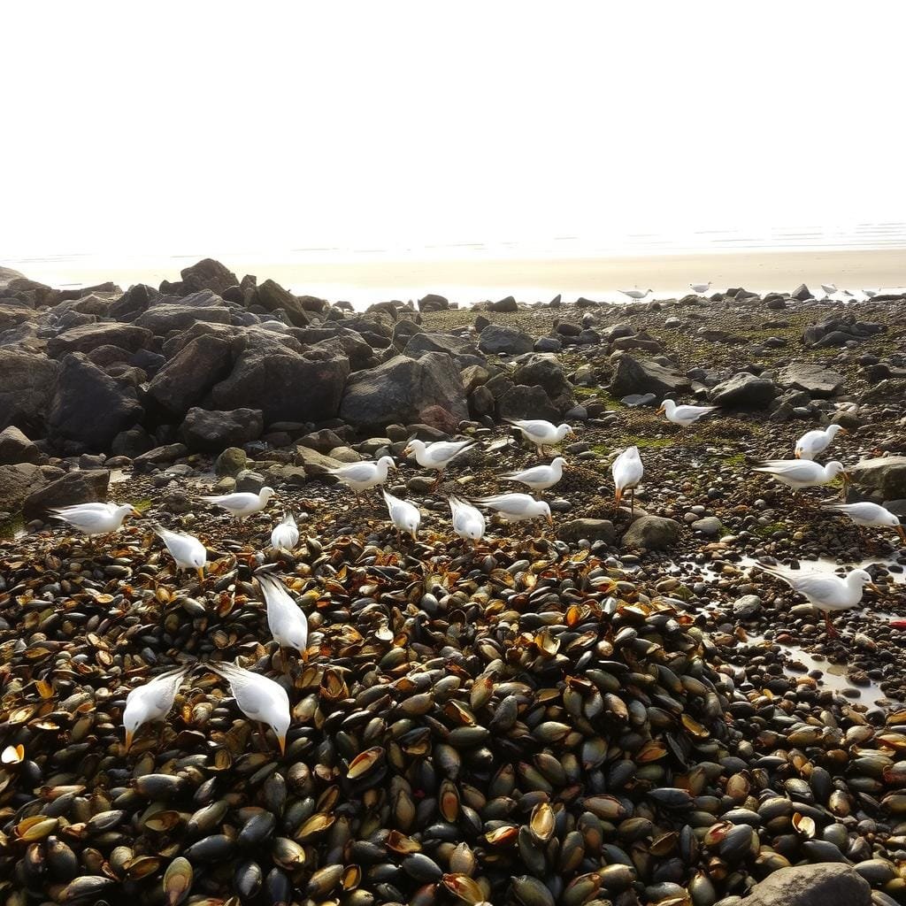 A rugged, rocky shoreline at low tide, with a vibrant oyster reef visible in the foreground. Foraging birds, their beaks digging into the dense clusters of oysters, create a dynamic scene. Warm, diffused sunlight filters through the overcast sky, casting a gentle glow over the scene. The middle ground features a mix of larger rocks and smaller tide pools, teeming with mussels, crabs, and other marine life. In the background, a distant sandy beach stretches out, with the gentle ebb and flow of the waves visible. The overall atmosphere is one of natural abundance and the rhythmic cycle of life in the coastal ecosystem.