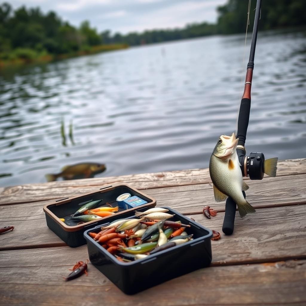 A rustic fishing setup on a wooden dock, with a white bass swimming nearby. In the foreground, a well-stocked tackle box and a selection of live bait options like minnows and crawfish. The middle ground features a simple yet effective fishing rod and reel, with a line cast into the rippling water. The background showcases a serene lakeside scene, with lush greenery and a calm, overcast sky. Lighting is natural and soft, creating a tranquil, immersive atmosphere. The overall composition highlights the essential elements for a successful white bass fishing outing. A rustic fishing setup on a wooden dock, with a white bass swimming nearby. In the foreground, a well-stocked tackle box and a selection of live bait options like minnows and crawfish. The middle ground features a simple yet effective fishing rod and reel, with a line cast into the rippling water. The background showcases a serene lakeside scene, with lush greenery and a calm, overcast sky. Lighting is natural and soft, creating a tranquil, immersive atmosphere. The overall composition highlights the essential elements for a successful white bass fishing outing.