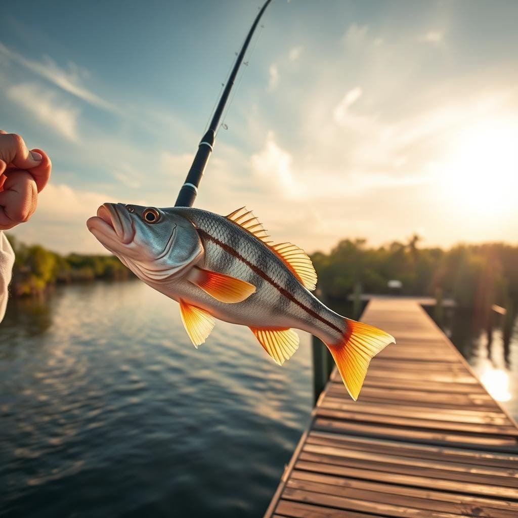 A saltwater fishing rod curves as a sheepshead fish tugs the line, its distinctive striped body visible in the clear water. The angler's hands deftly handle the reel, poised to set the hook. In the background, a wooden dock juts out into a sun-dappled estuary, mangrove trees lining the shore. Warm golden light filters through wispy clouds, creating a serene, contemplative atmosphere. The scene captures the thrill of the hunt and the tranquility of coastal fishing.