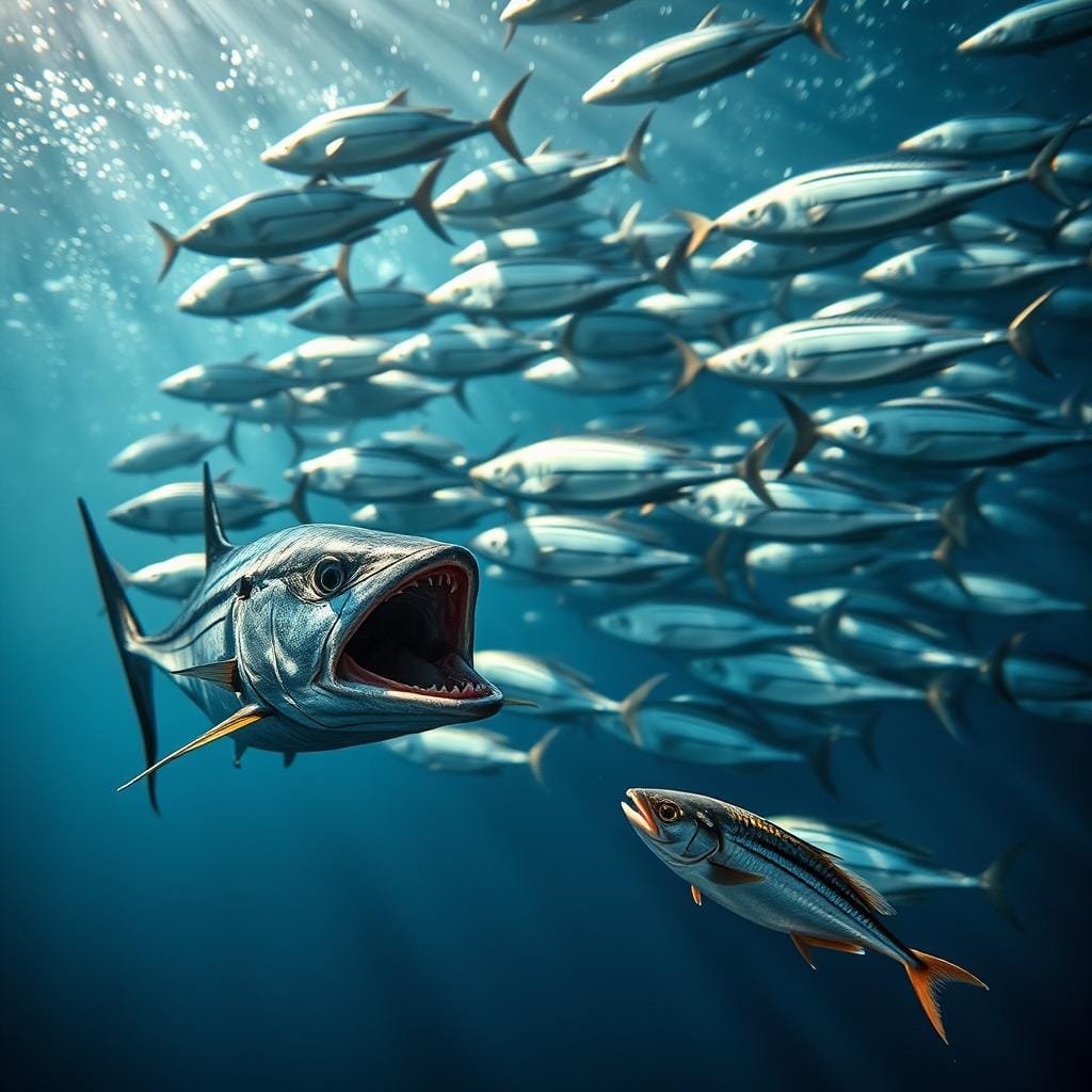 A school of bonito fish aggressively hunting their prey, their sleek bodies darting through the water with incredible speed. In the foreground, a lone bonito breaks from the pack, its mouth open wide, jaws clamping down on a smaller fish in a dramatic blitz attack. Captured in sharp focus, the scene is lit by shimmering beams of light filtering down from the surface, casting a moody, cinematic atmosphere. The middle ground shows the larger bonito school maneuvering in tight formation, their silvery scales reflecting the underwater illumination. The background fades into a hazy, deep blue ocean scene, emphasizing the dynamic, high-velocity nature of the bonito's feeding behavior.
