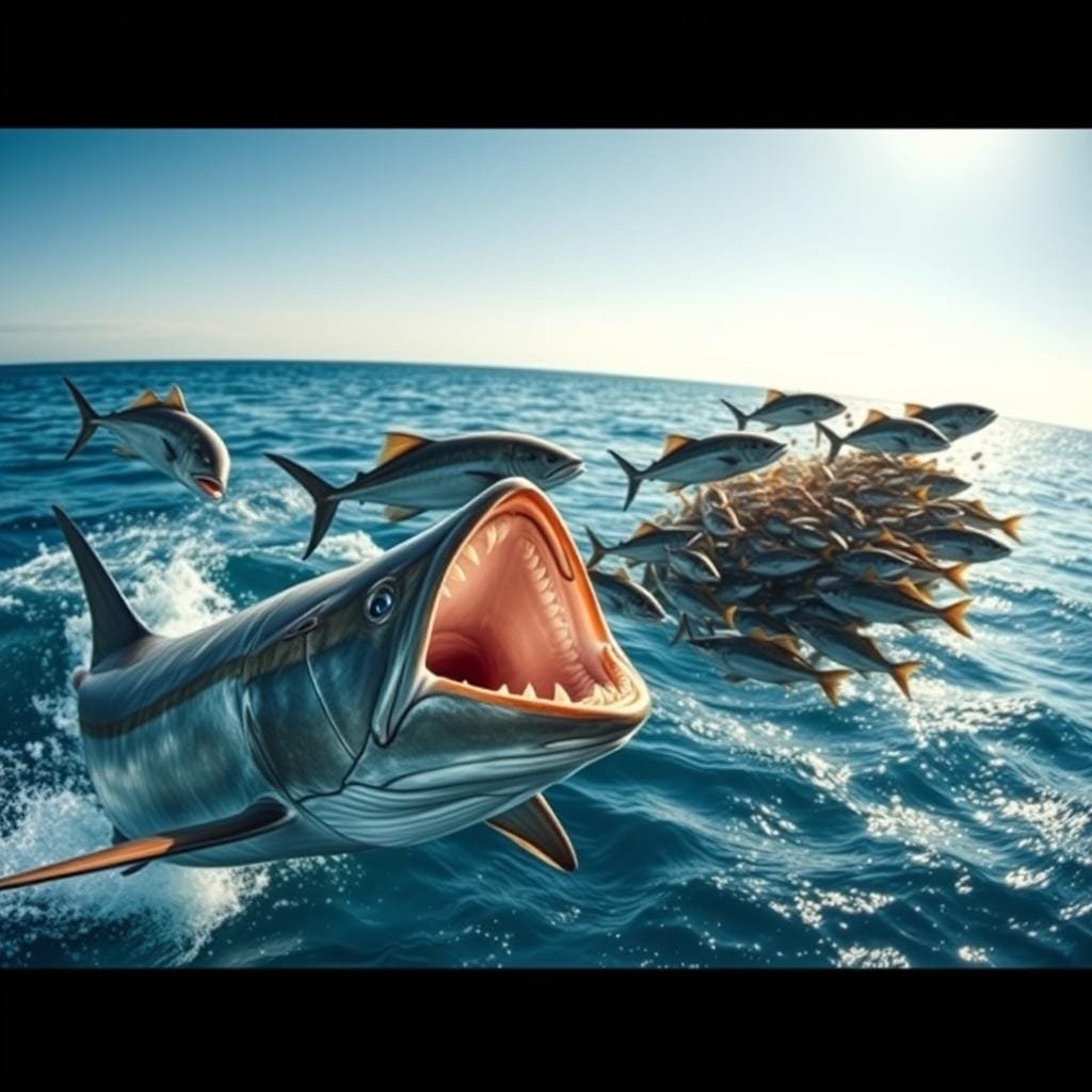 A school of cobia aggressively hunting in the open ocean. In the foreground, a large cobia opens its wide mouth, revealing rows of sharp teeth as it pursues a shoal of smaller fish. The cobia's streamlined, muscular body is propelled forward by powerful tail movements, its fins cutting through the azure blue waters. In the middle ground, additional cobia employ coordinated tactics, encircling and herding the smaller fish into a tight bait ball. The background depicts a sun-dappled ocean scene, with distant waves and a hazy horizon line. Dramatic high-contrast lighting illuminates the predatory action, casting dramatic shadows and highlights on the cobia's bronze-colored scales.