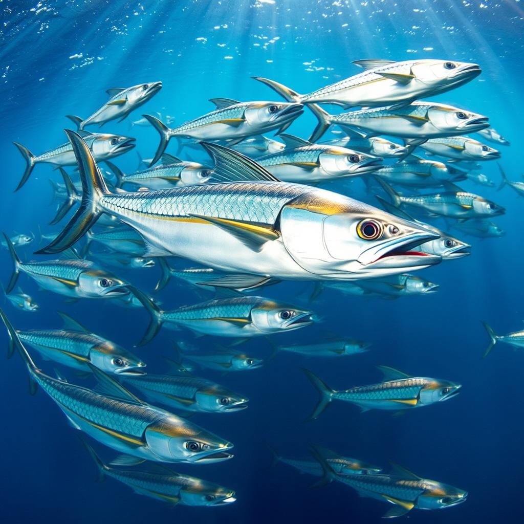 A school of king mackerel gracefully gliding through the crystal-clear ocean waters, their muscular bodies propelled by their streamlined, crescent-shaped fins. The fish's large, keen eyes scan the surroundings, alert and focused, ready to ambush unsuspecting prey. Rays of sunlight pierce the surface, illuminating the mackerel's metallic silver scales that shimmer and flash as they maneuver with lightning-fast bursts of speed, demonstrating their exceptional hunting prowess. The scene conveys the power, agility, and sensory acuity that enable these apex predators to thrive in their marine environment.
