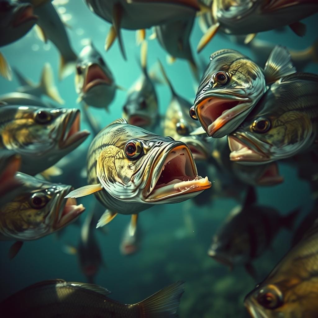 A school of rock bass aggressively converging on a lone, smaller fish, their mouths agape in a frenzy of cannibalistic feeding. The scene is captured in a high-contrast, documentary-style lighting, with a shallow depth of field that keeps the carnivorous action in sharp focus while the background fades into soft, murky blues and greens. The rock bass' scales gleam wetly under the harsh illumination, their predatory intent evident in their bulging eyes and ravenous expressions. The overall mood is one of raw, uncompromising predation - a glimpse into the ruthless realities of life beneath the waves.